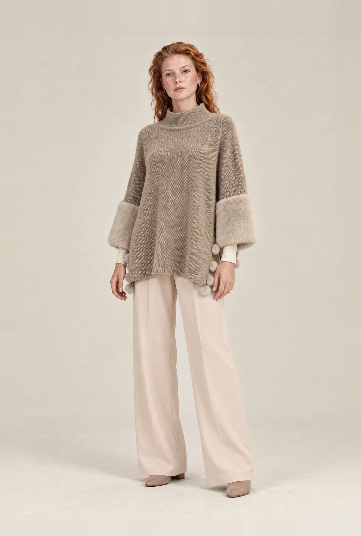 Beige Pom Pom Faux Fur Knit Poncho