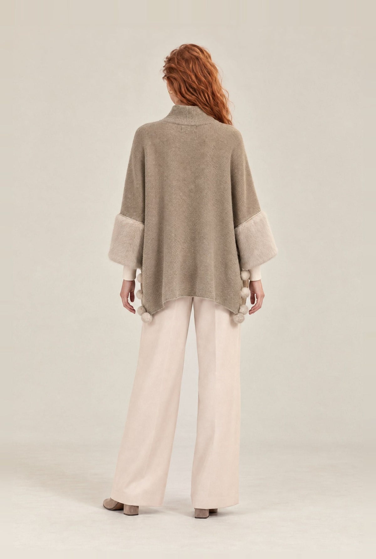 Beige Pom Pom Faux Fur Knit Poncho
