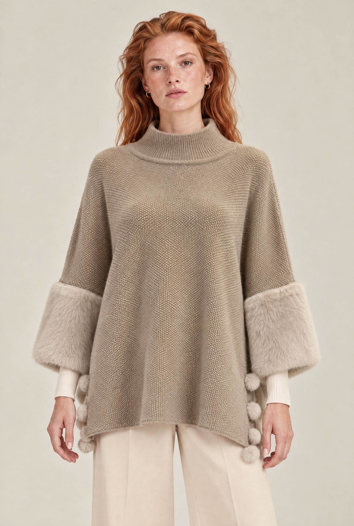 Beige Pom Pom Faux Fur Knit Poncho