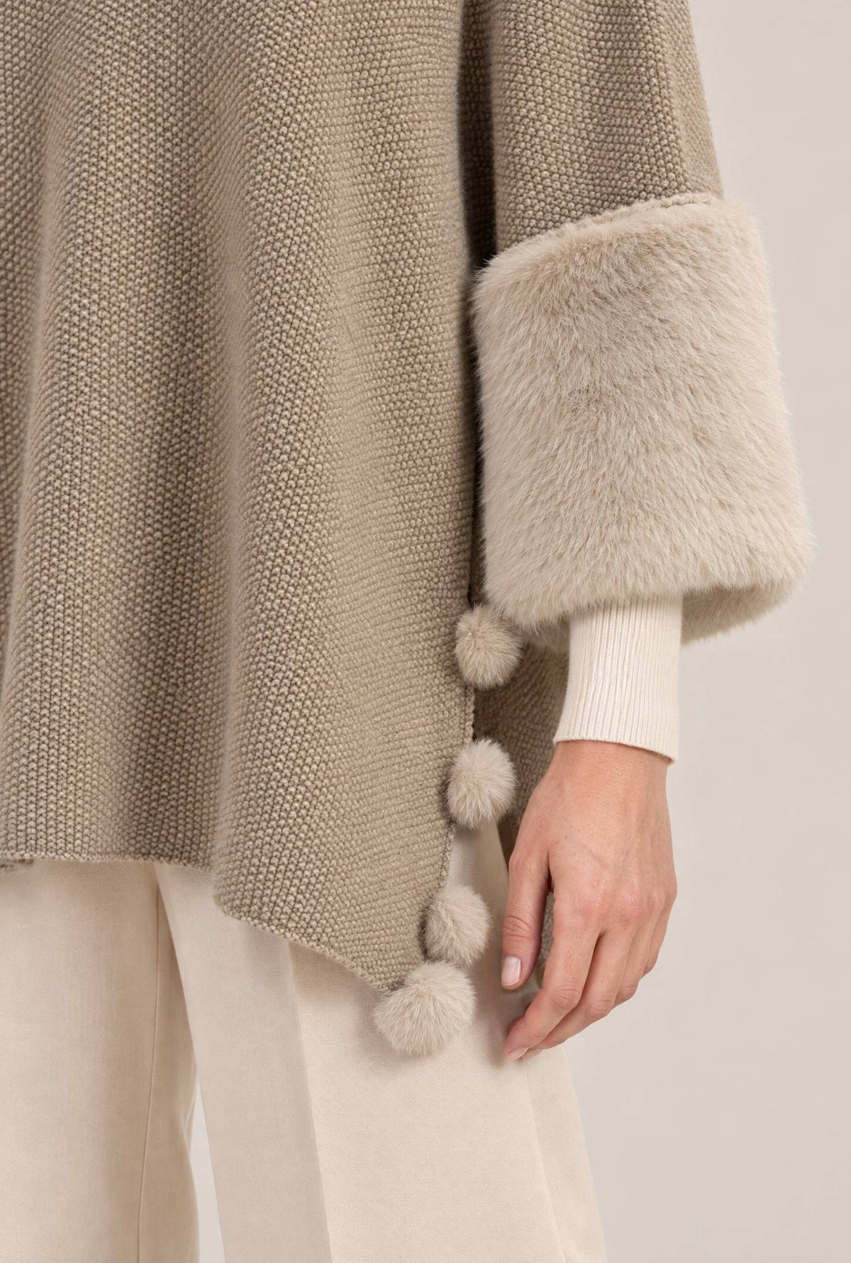 Beige Pom Pom Faux Fur Knit Poncho