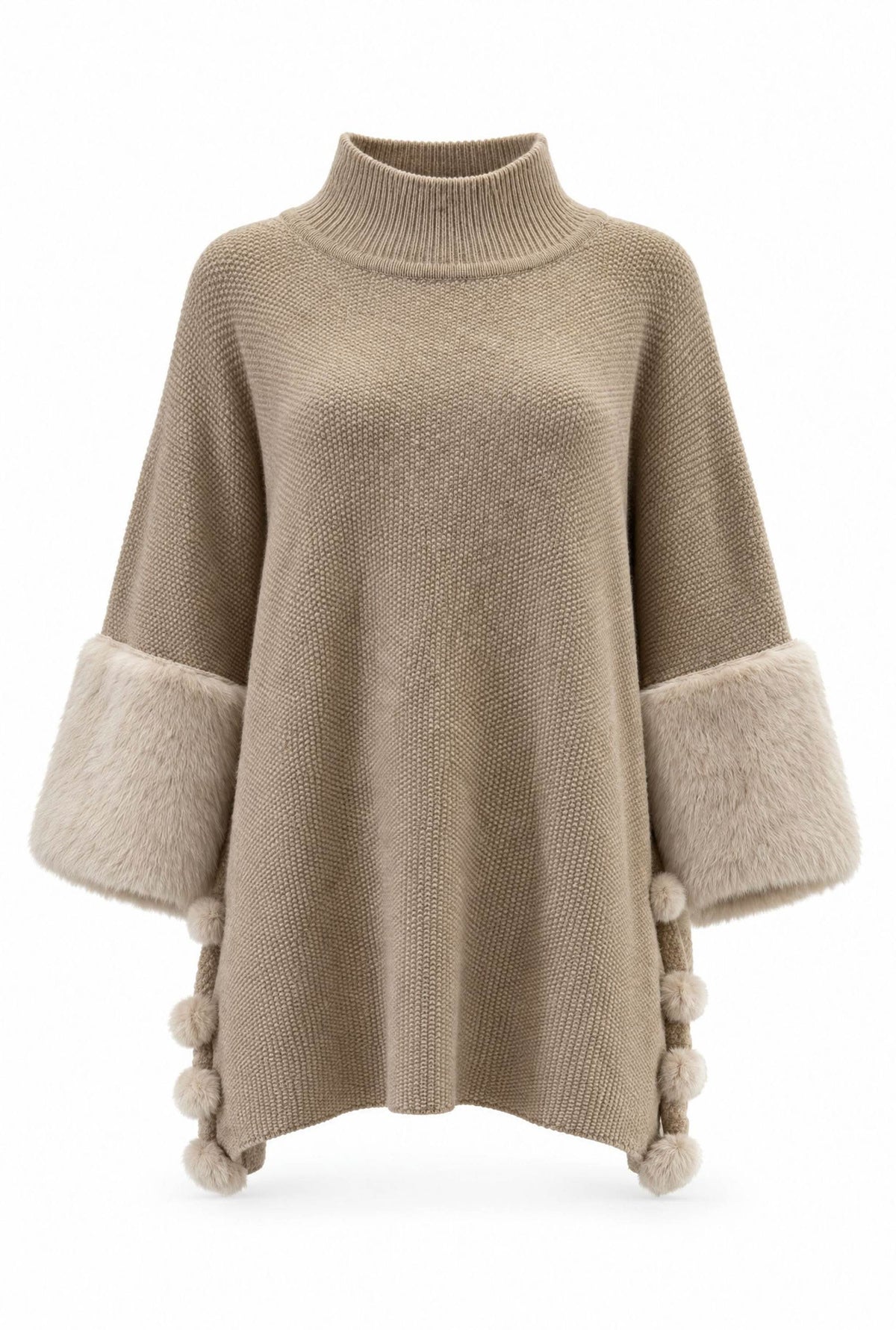 Beige Pom Pom Faux Fur Knit Poncho