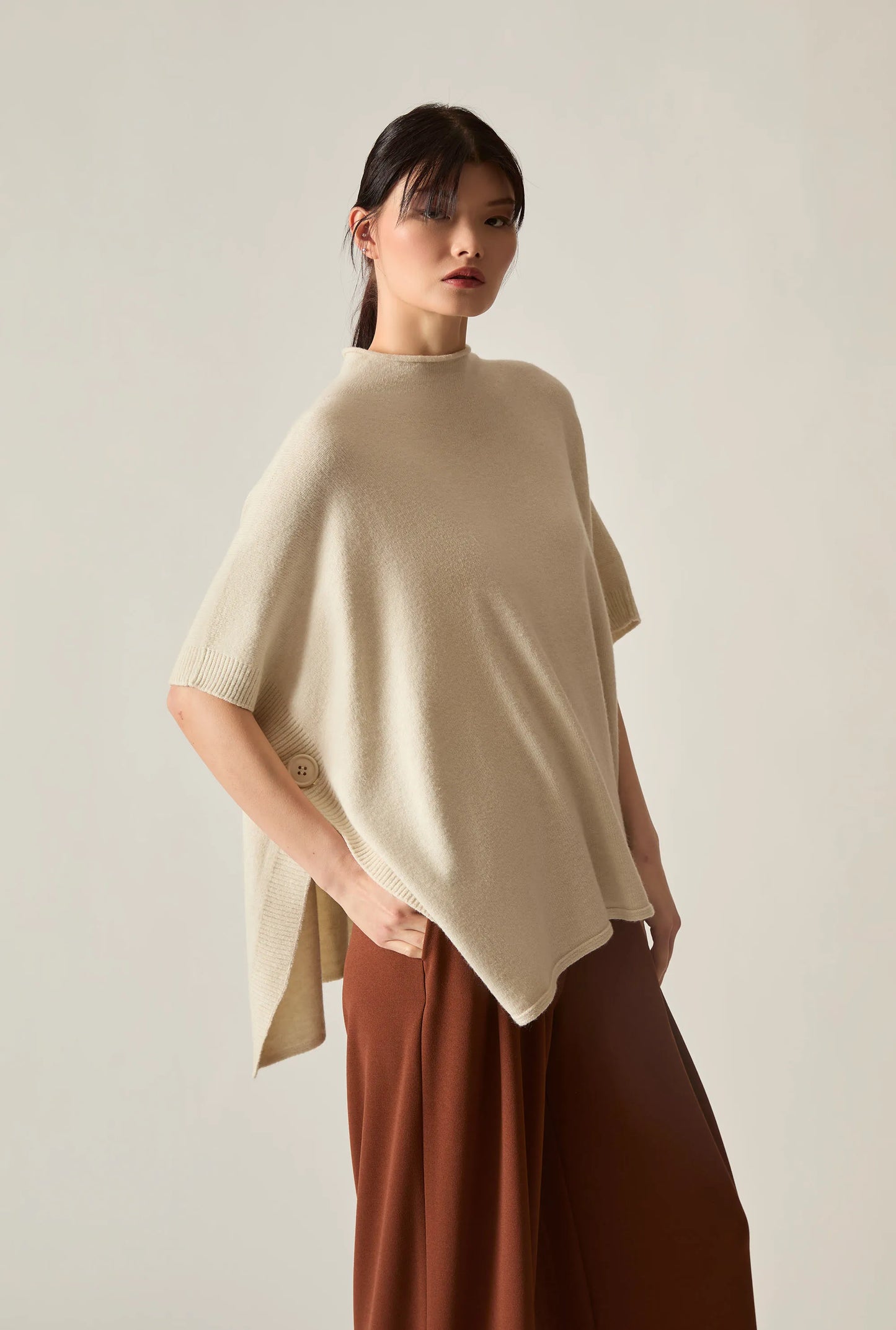 Beige Side Button Poncho