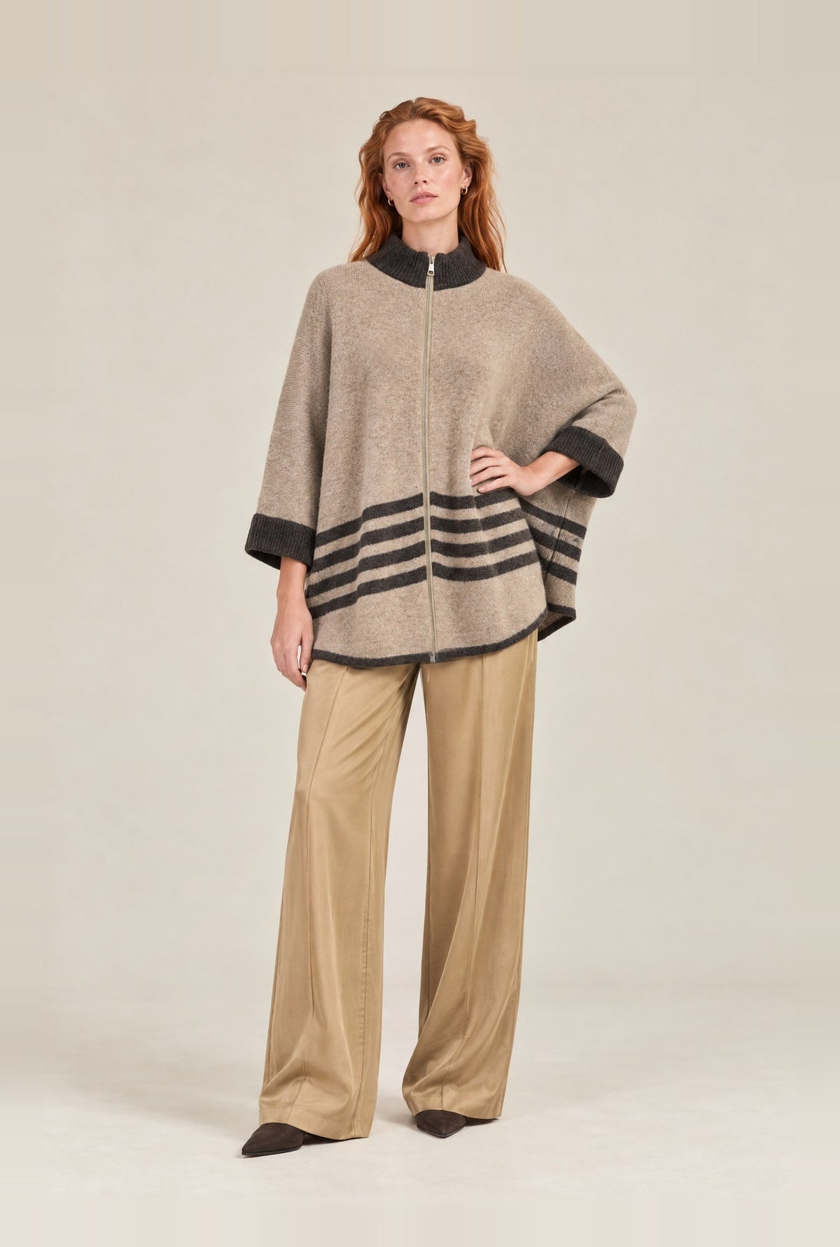 Beige Stripe Zip Knit Cape
