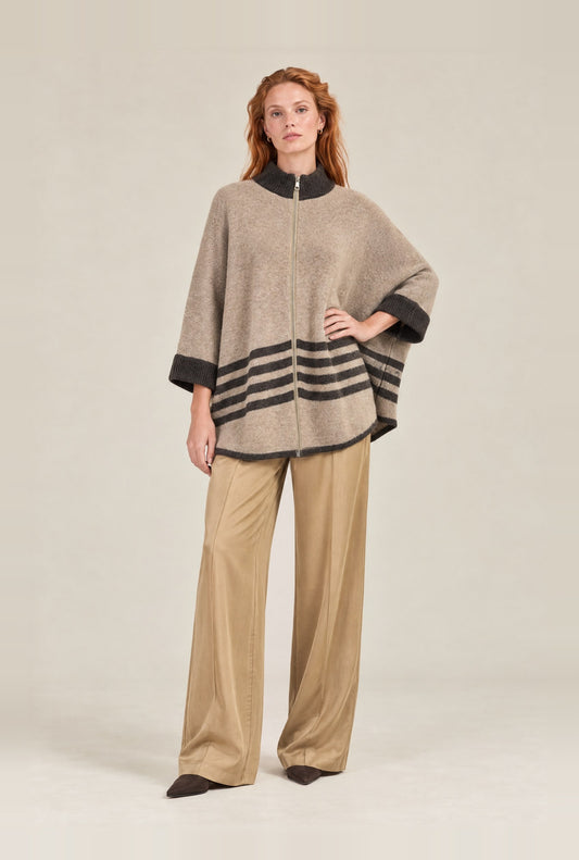 Beige Stripe Zip Knit Cape