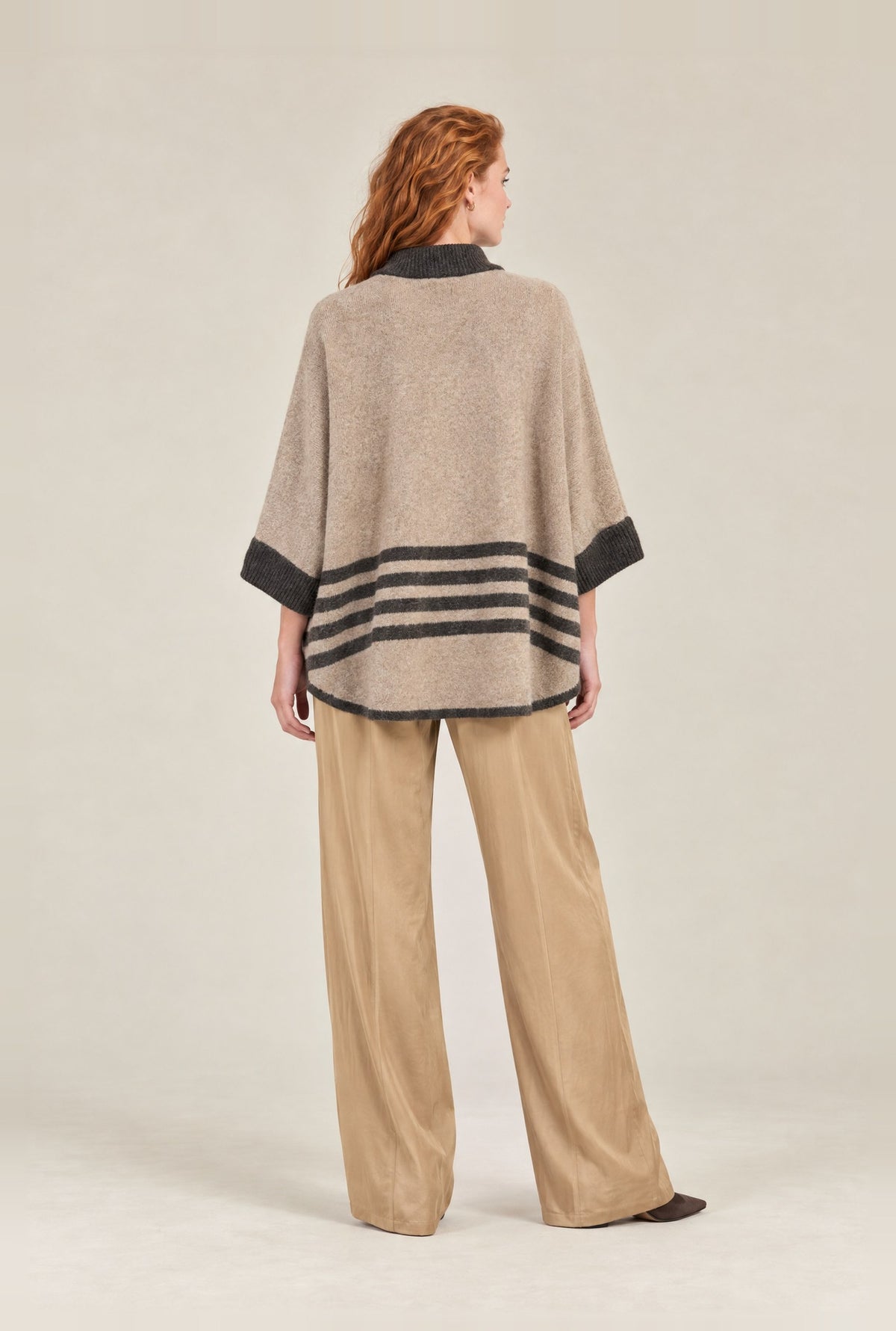 Beige Stripe Zip Knit Cape