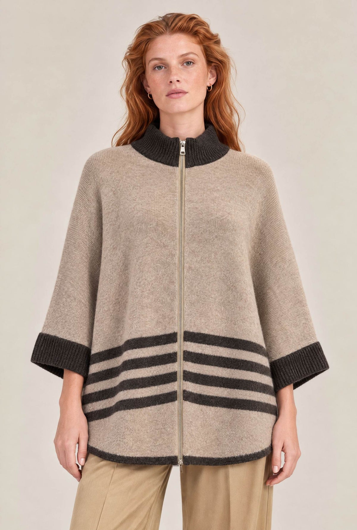 Beige Stripe Zip Knit Cape