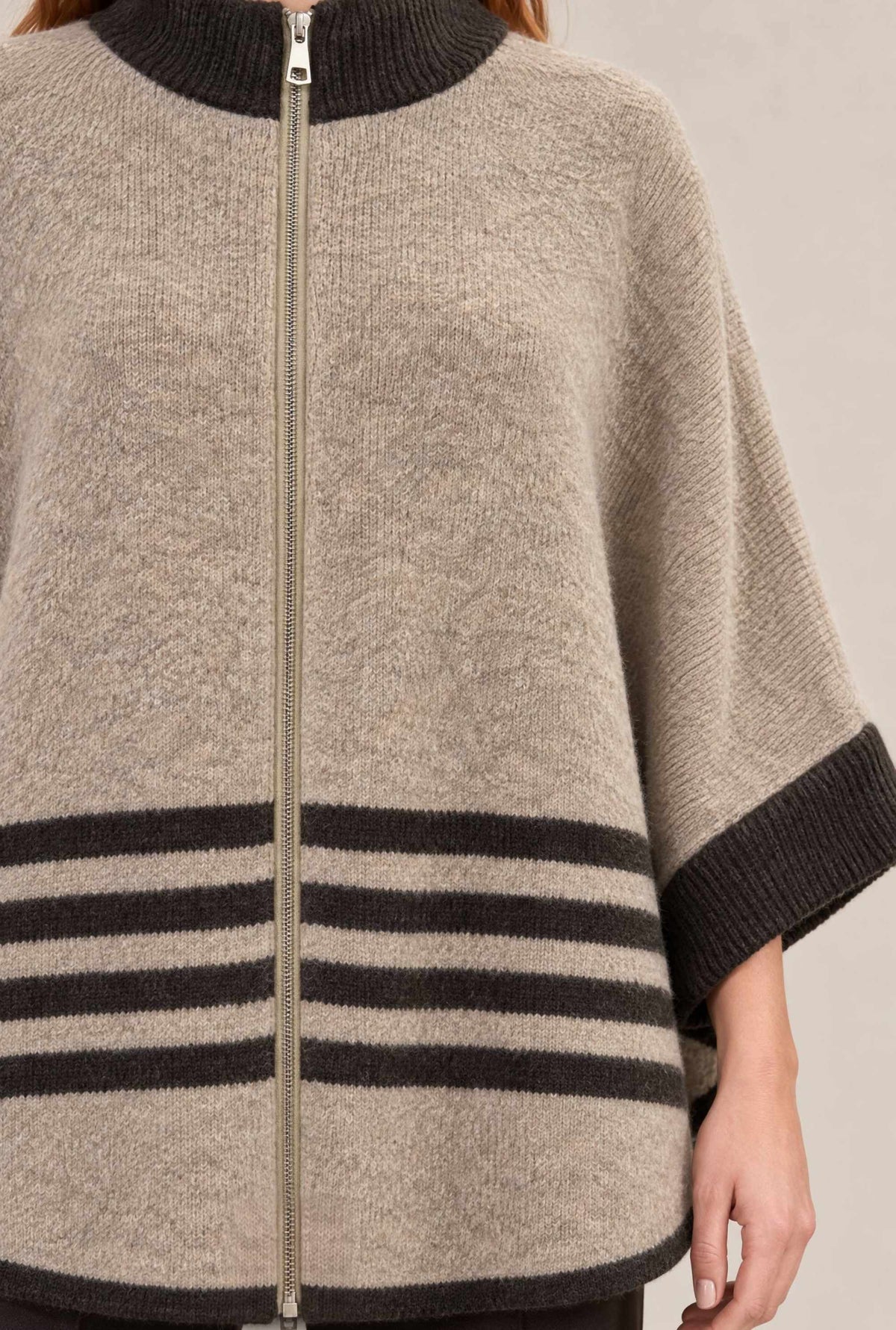 Beige Stripe Zip Knit Cape