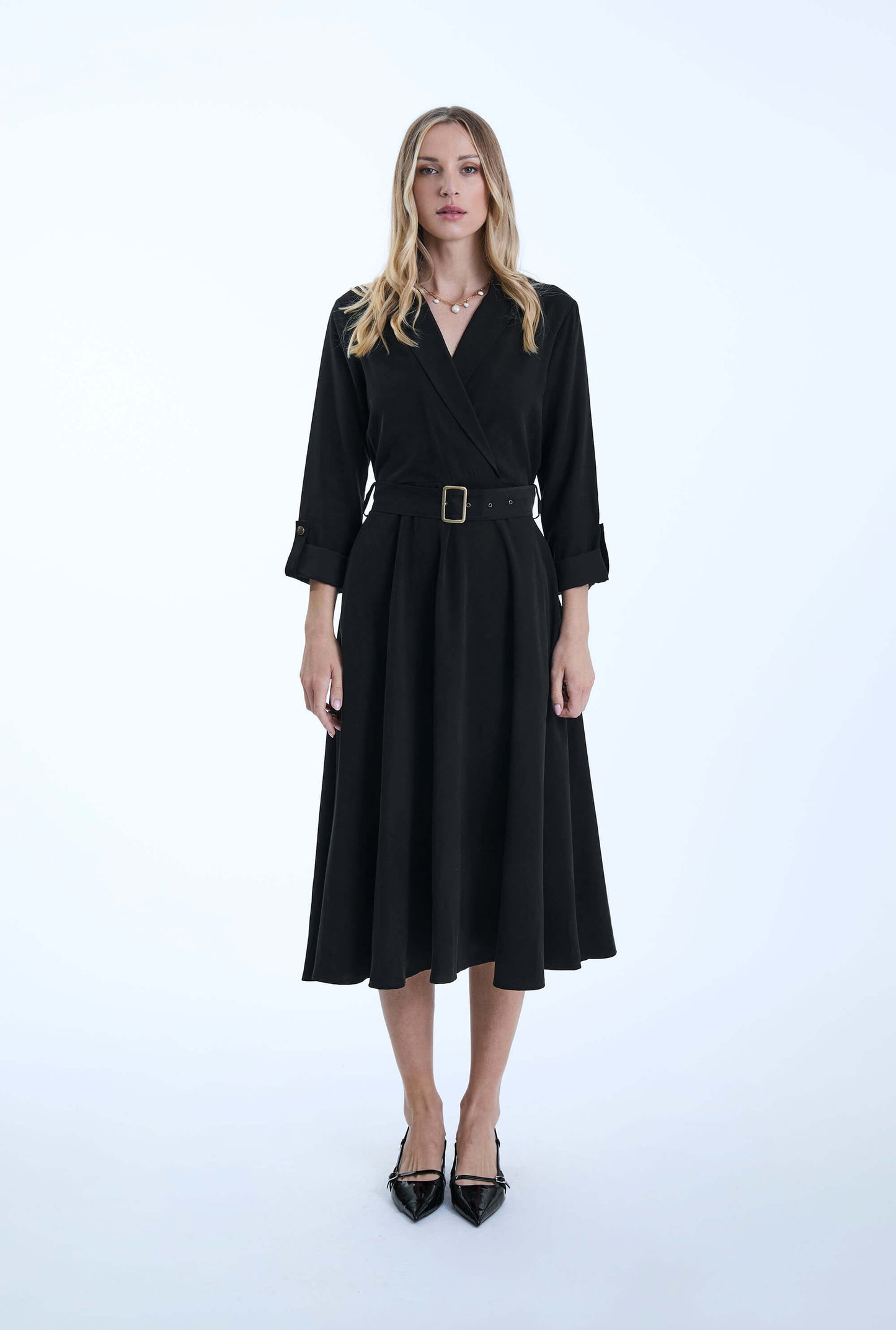 Belted Black Suit Midi Dress