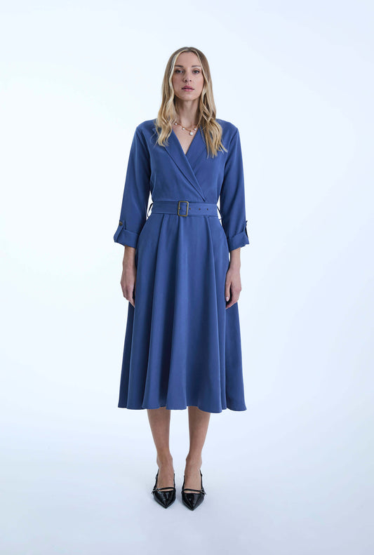 Belted Denim Suit Midi Dress