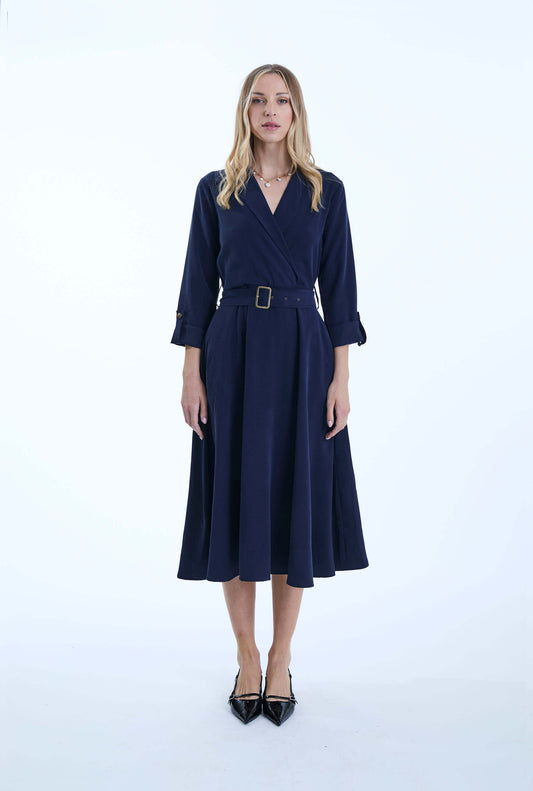 Belted Navy Suit Midi Dress