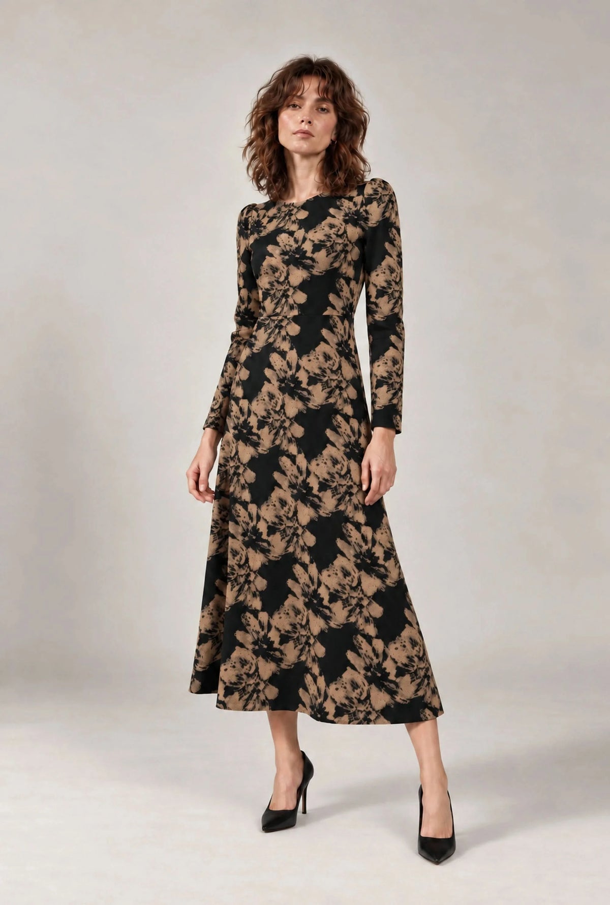 Black & Camel Floral Long-Sleeve Midi Dress
