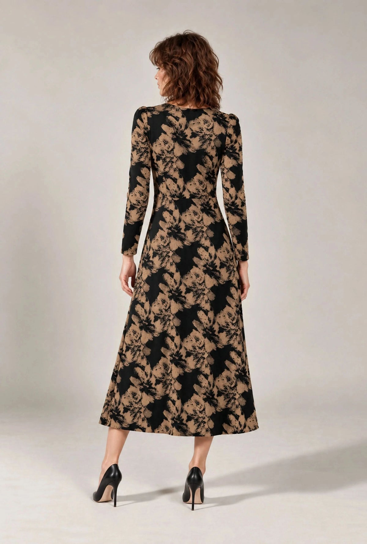 Black & Camel Floral Long-Sleeve Midi Dress