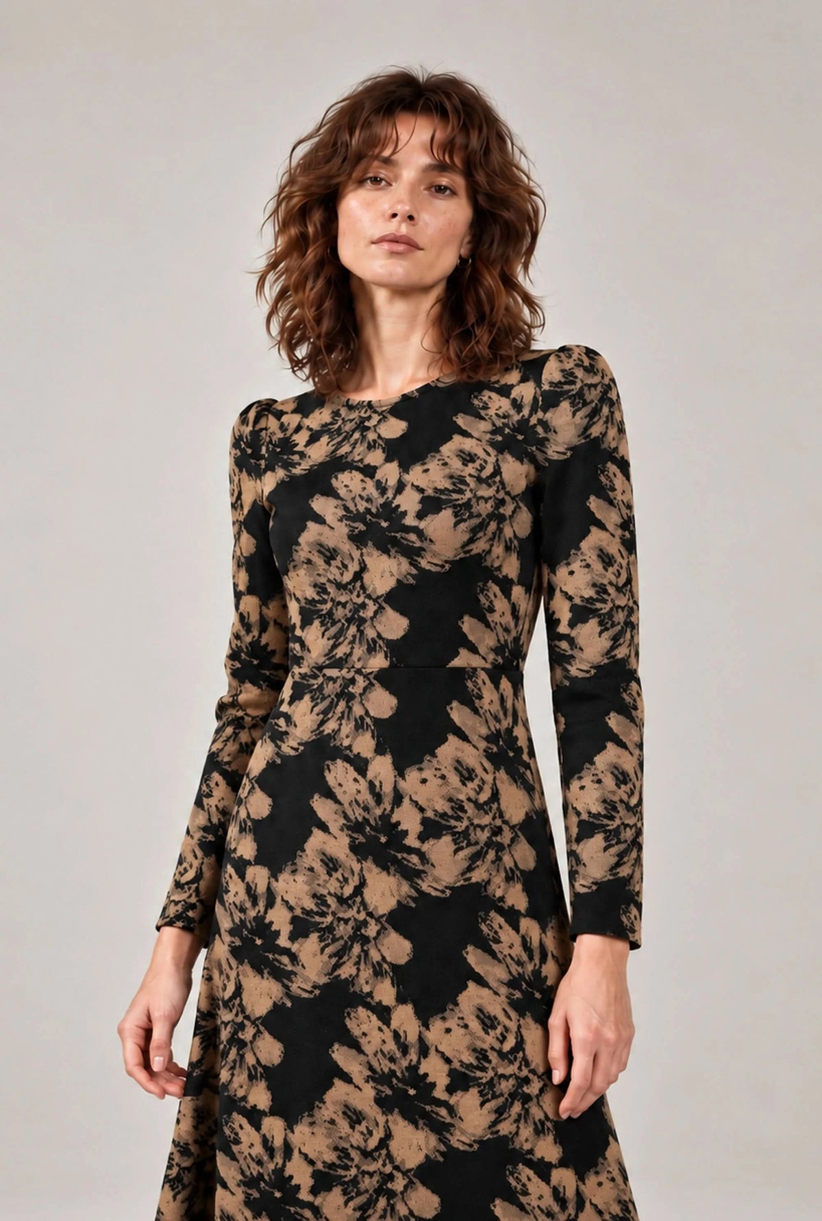 Black & Camel Floral Long-Sleeve Midi Dress