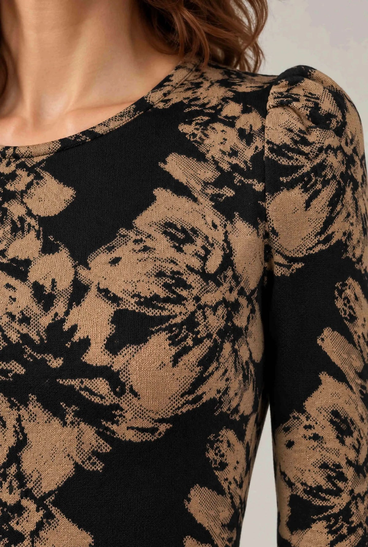 Black & Camel Floral Long-Sleeve Midi Dress