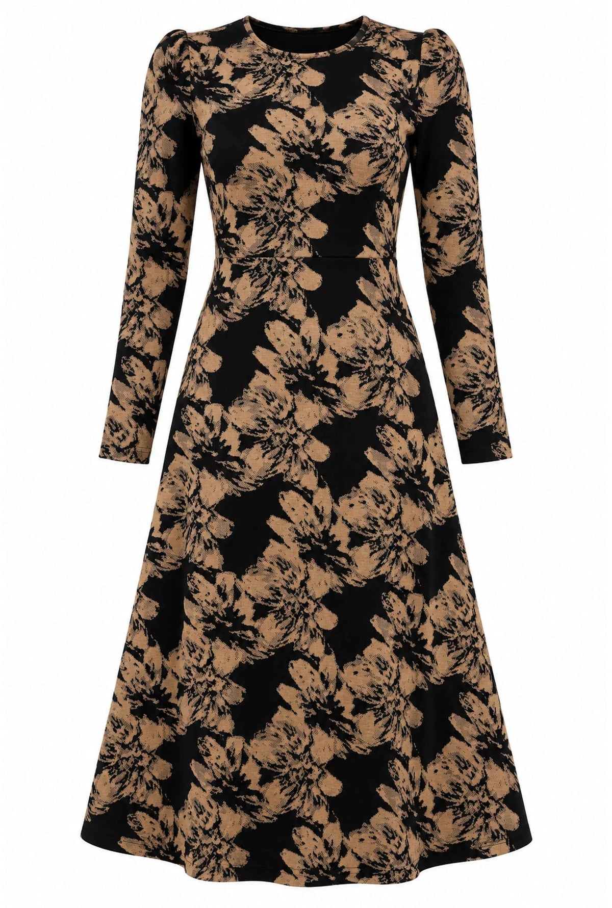 Black & Camel Floral Long-Sleeve Midi Dress