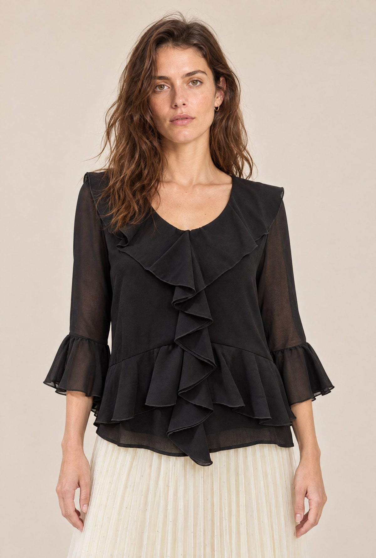 Black Cascade Ruffle Blouse