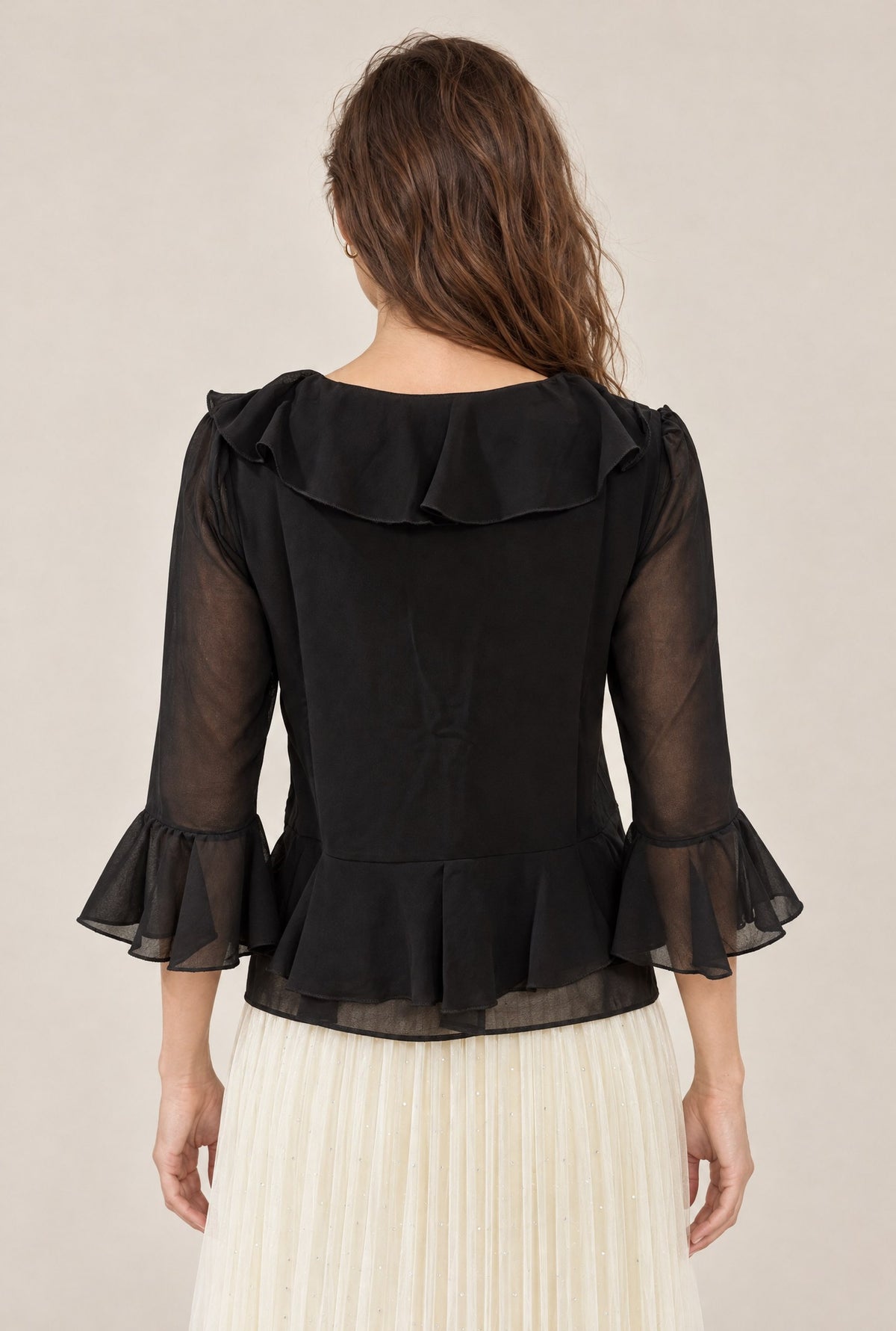 Black Cascade Ruffle Blouse
