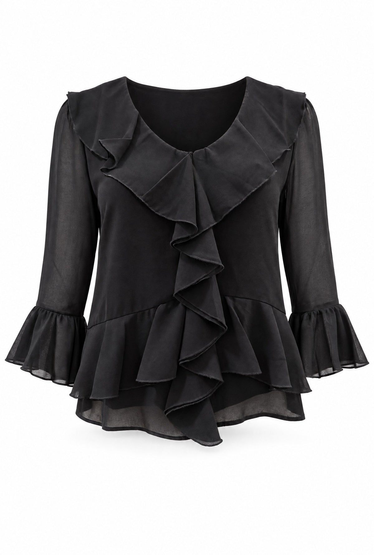 Black Cascade Ruffle Blouse