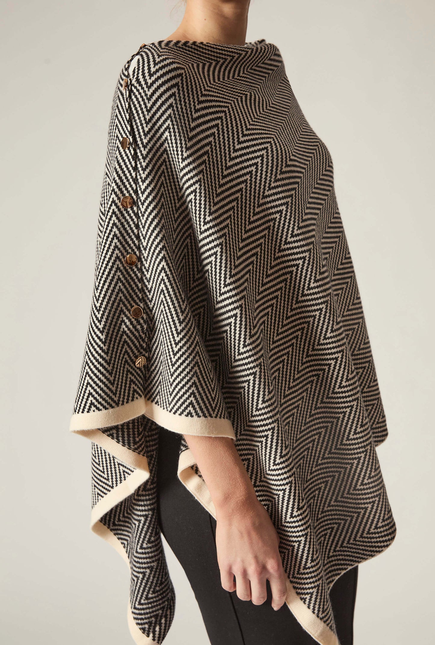 Black Chevron Button Poncho