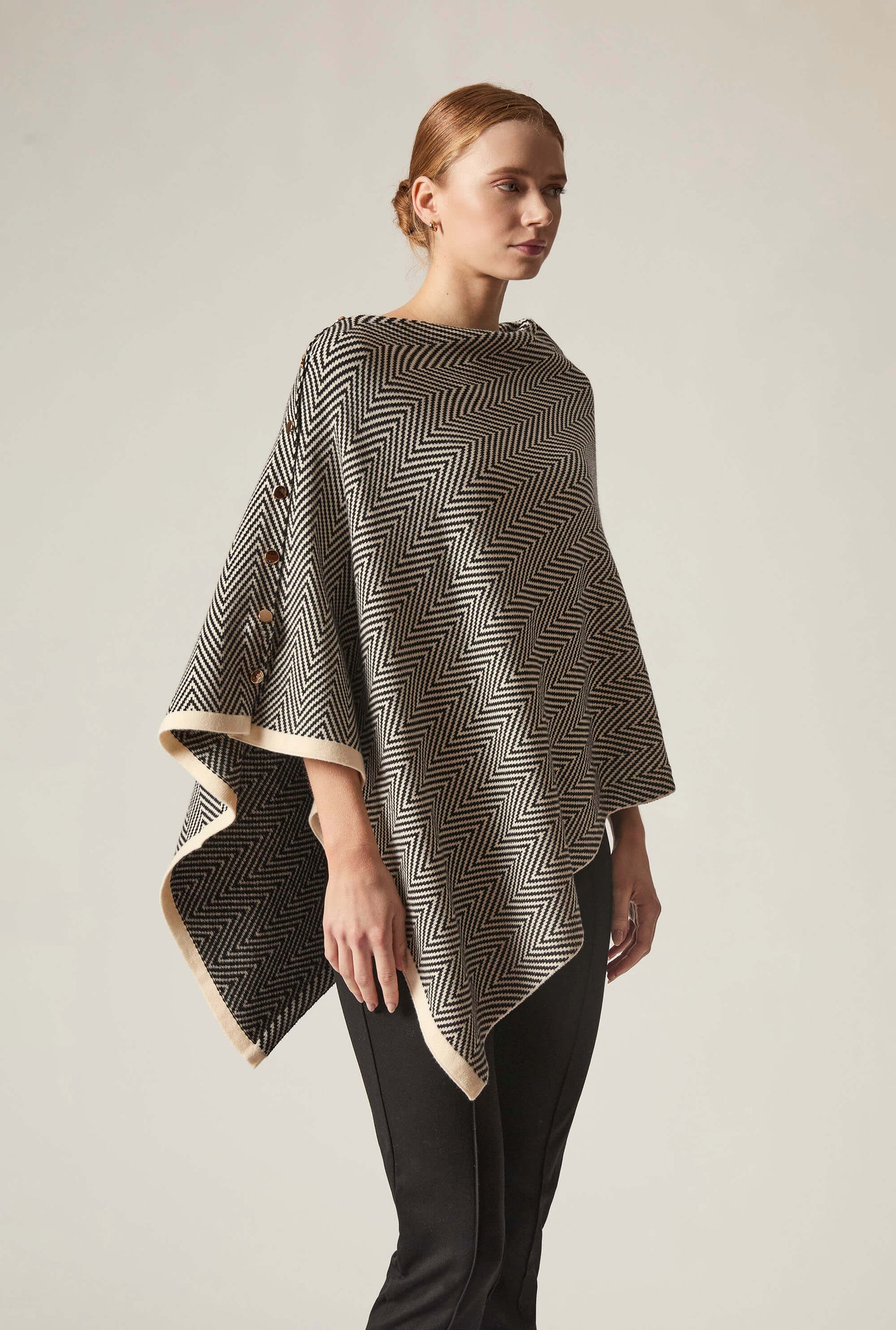 Black Chevron Button Poncho