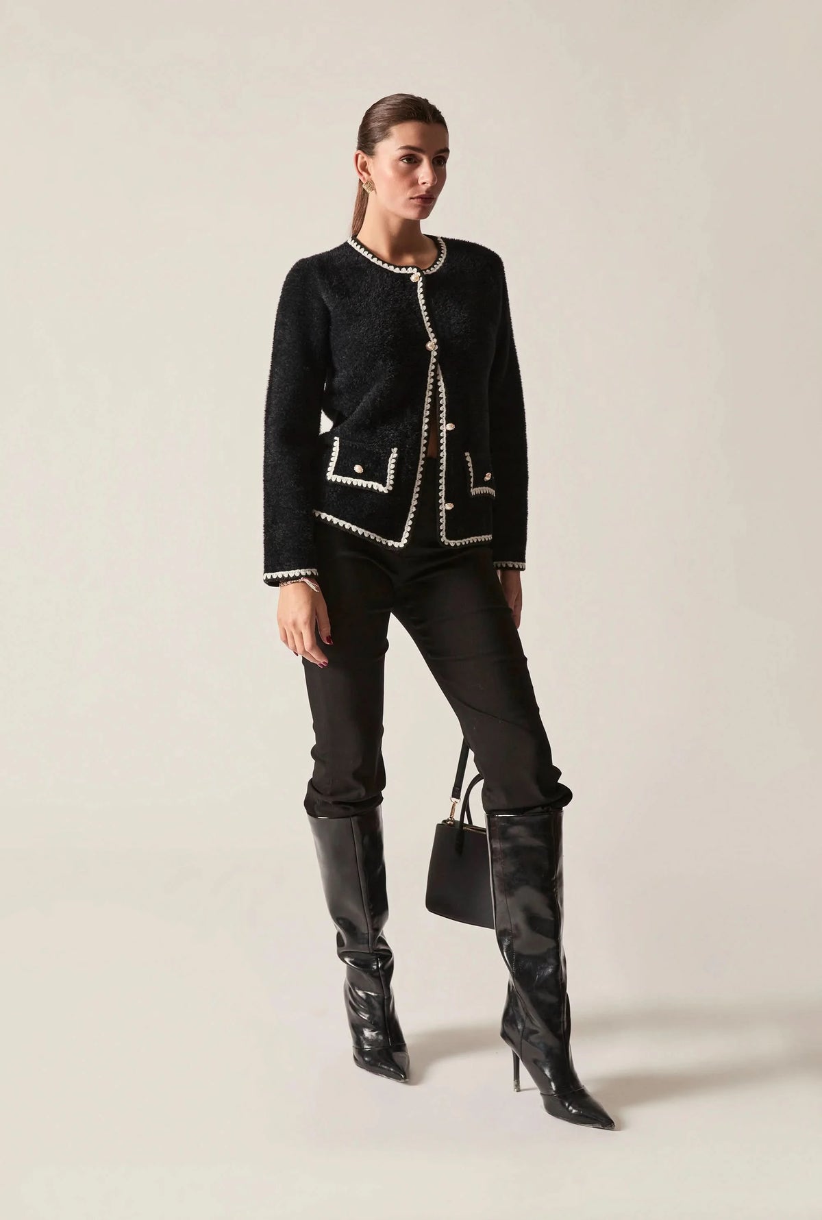 Black Contrast Trim Knit Cardigan