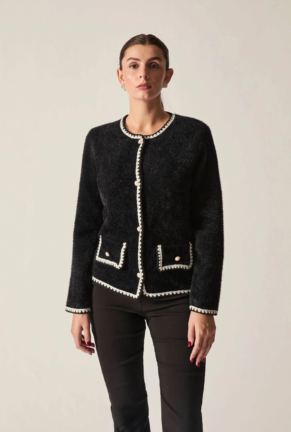 Black Contrast Trim Knit Cardigan