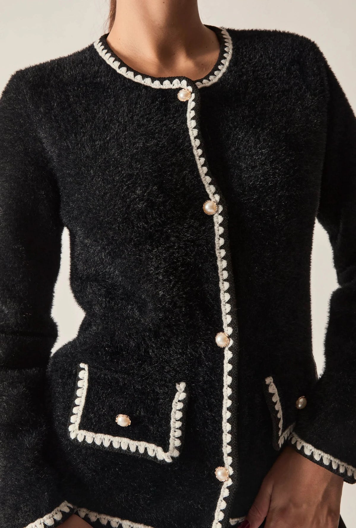 Black Contrast Trim Knit Cardigan