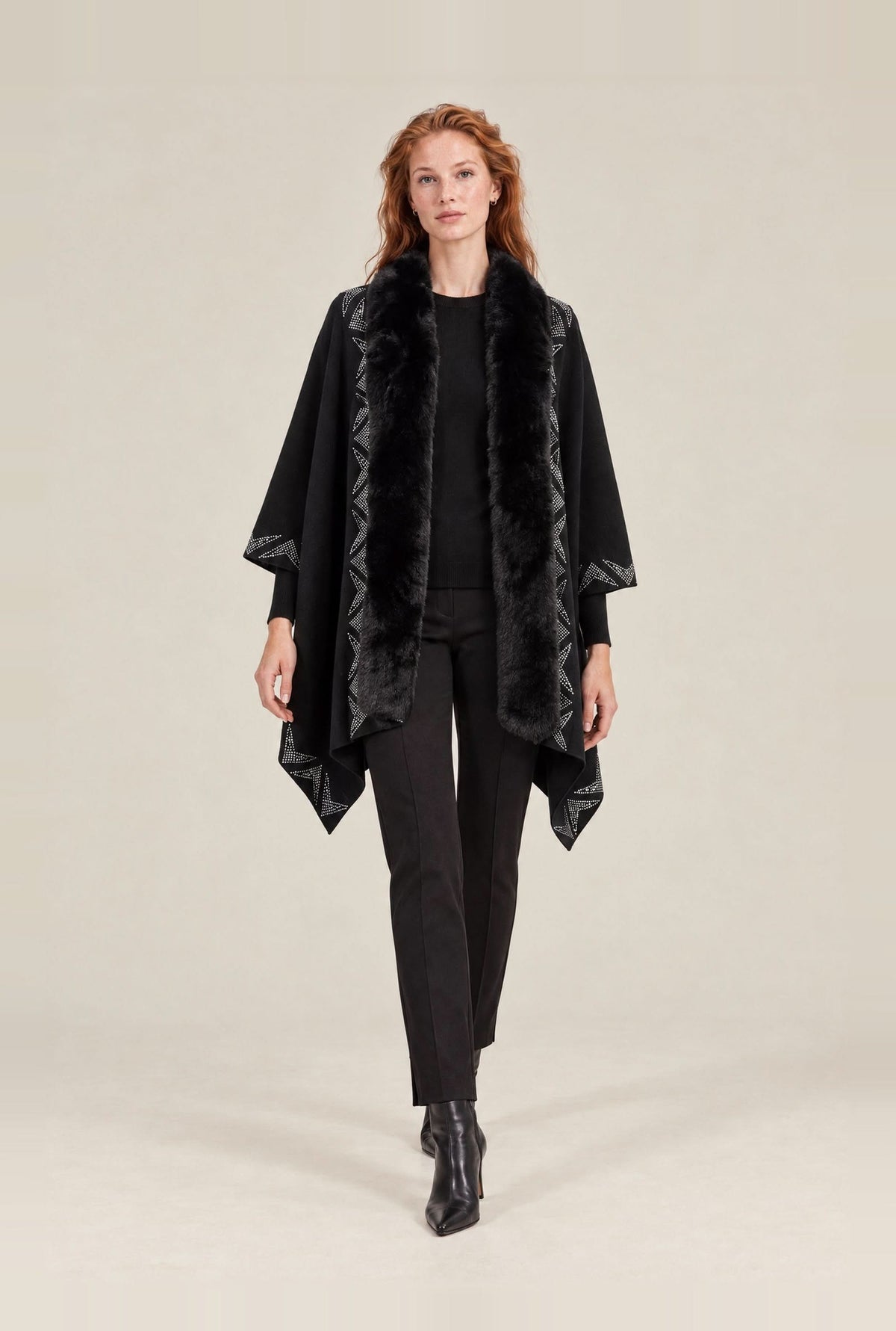 Black Embellished Faux Fur Trim Poncho