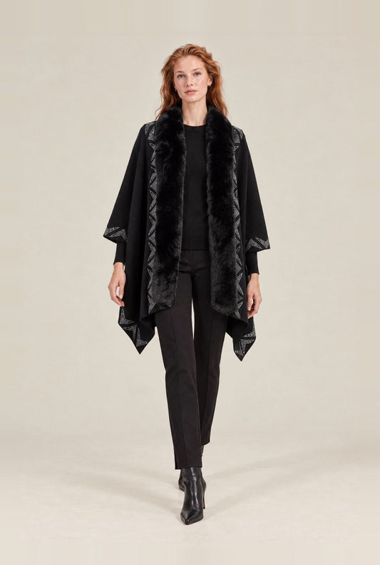 Black Embellished Faux Fur Trim Poncho