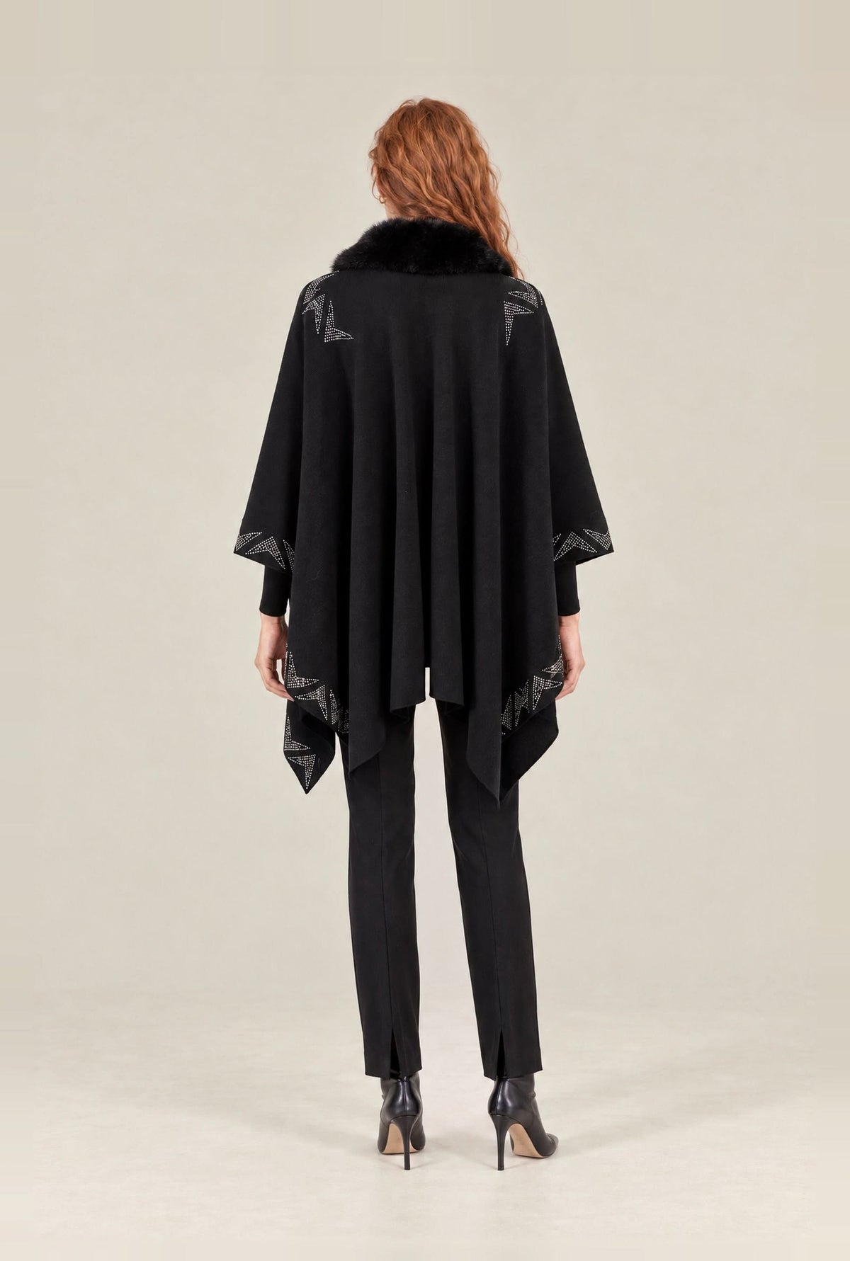 Black Embellished Faux Fur Trim Poncho