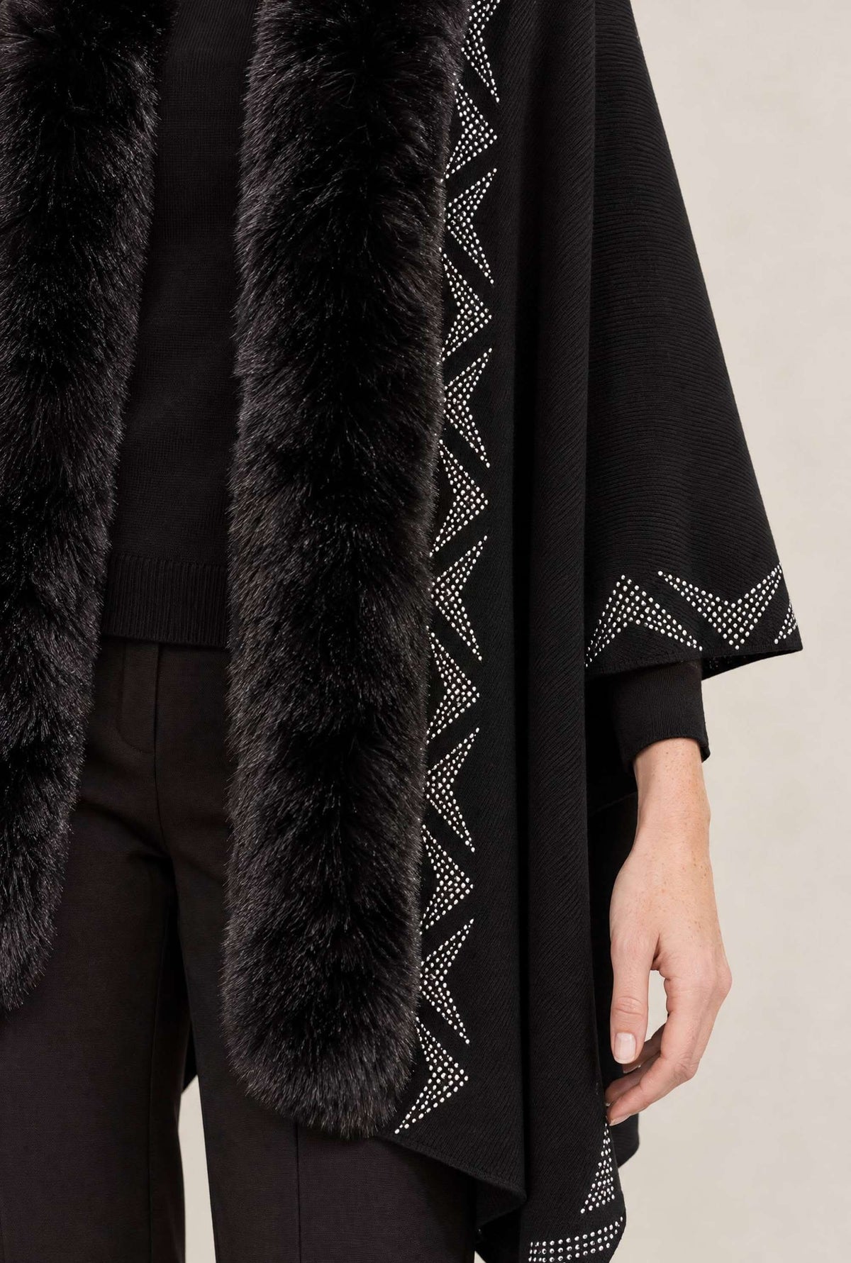 Black Embellished Faux Fur Trim Poncho