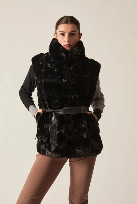 Black Faux-Fur Belted Gilet