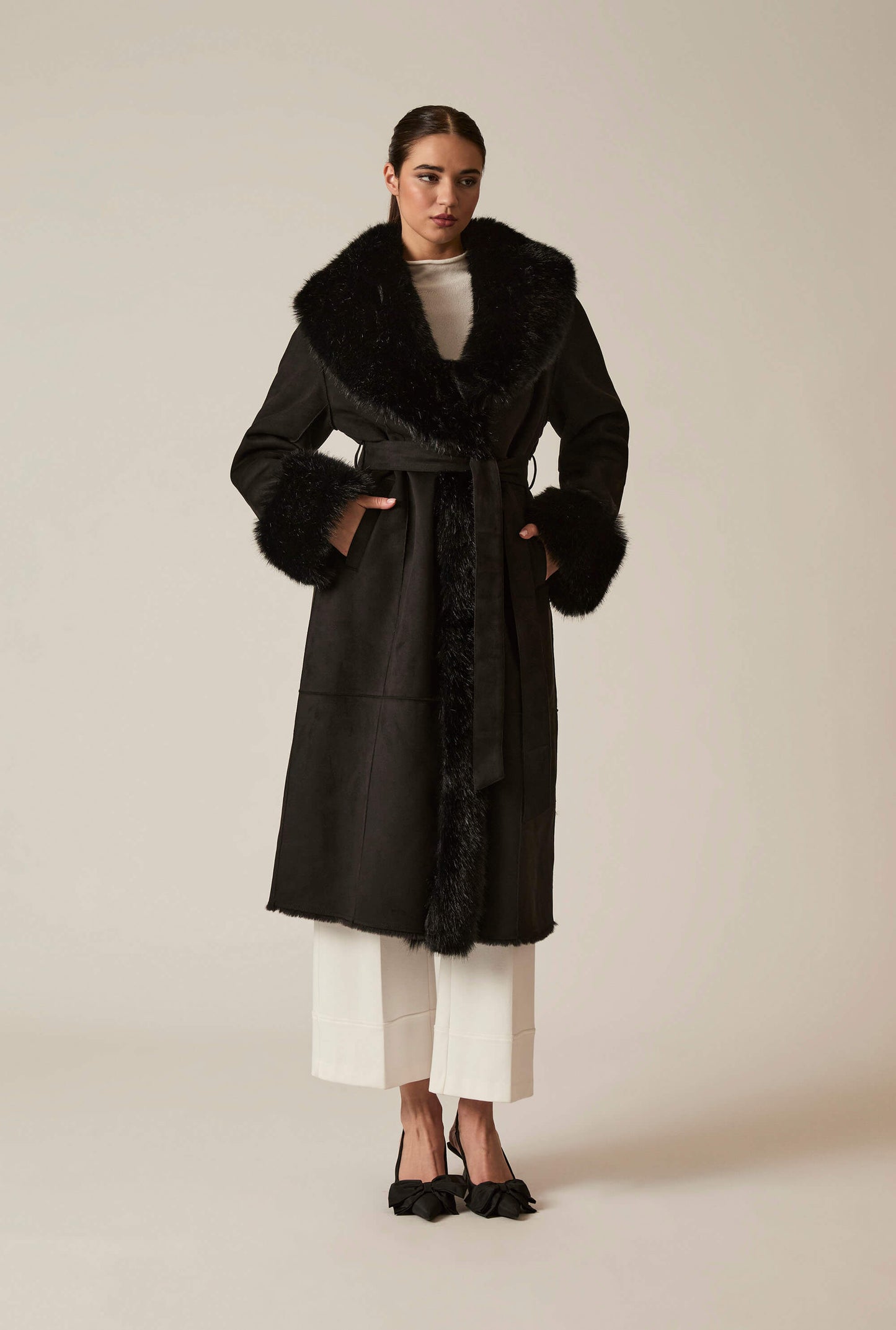 Black Faux Fur Trim Coat