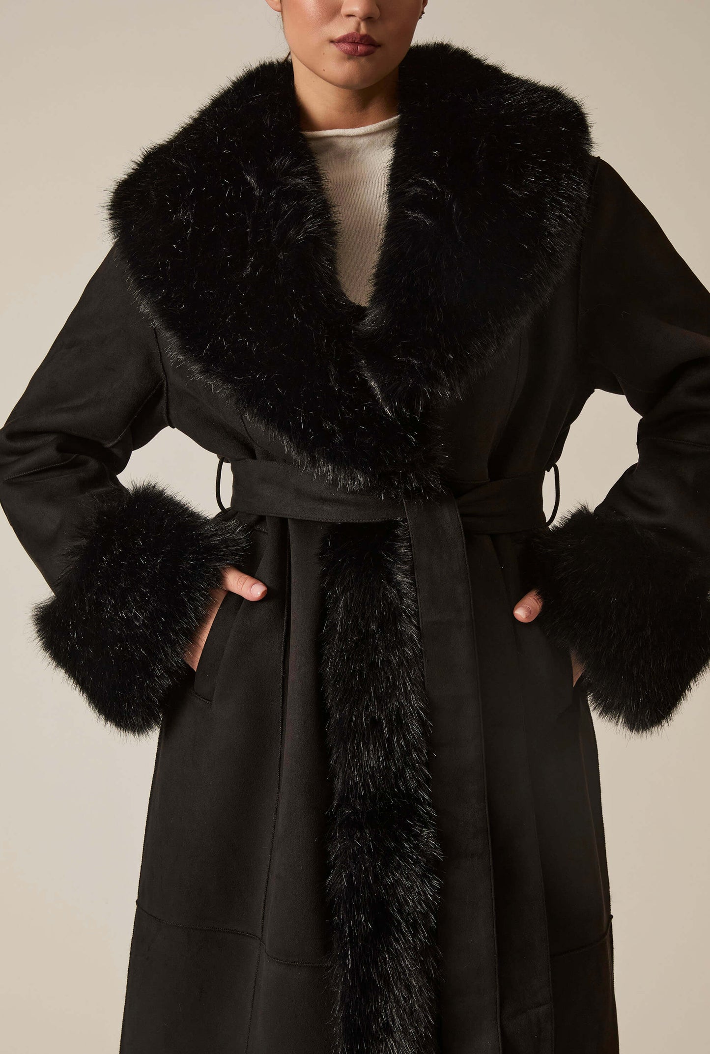 Black Faux Fur Trim Coat