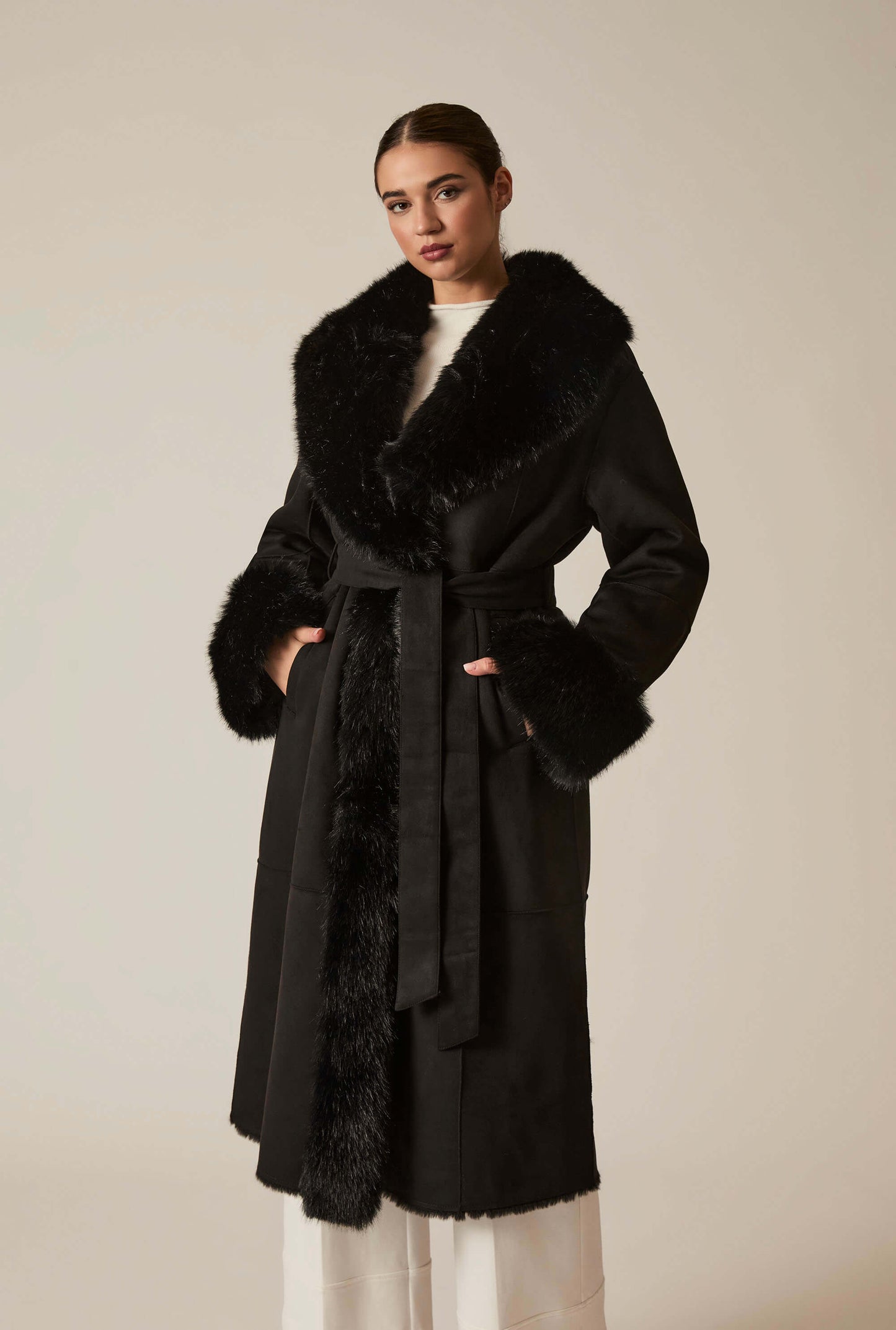 Black Faux Fur Trim Coat