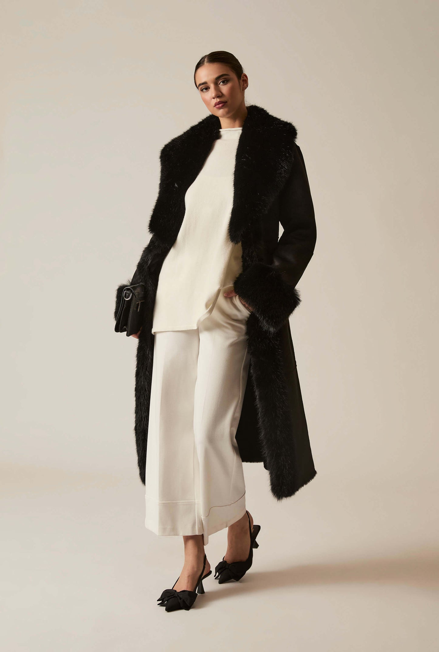 Black Faux Fur Trim Coat