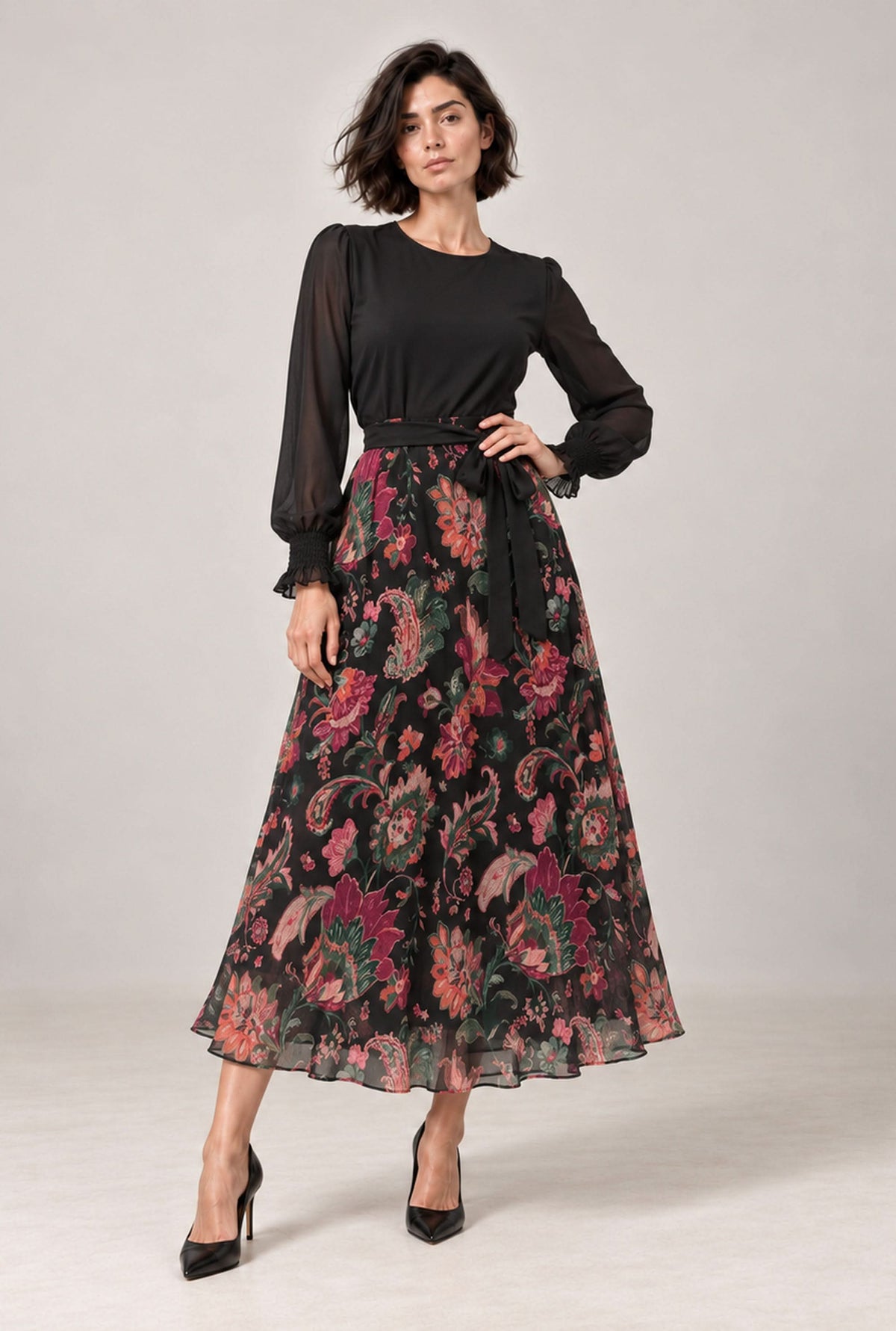 Black Floral Midi Dress