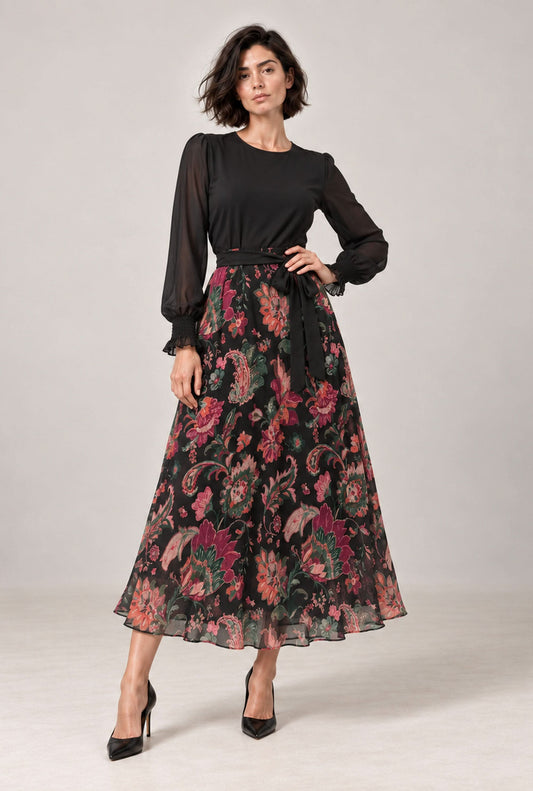 Black Floral Midi Dress