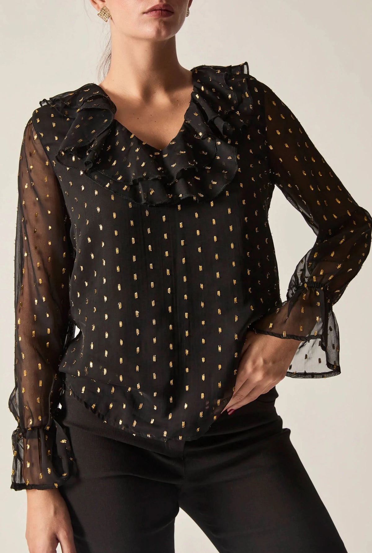 Black & Gold Metallic Ruffle Blouse