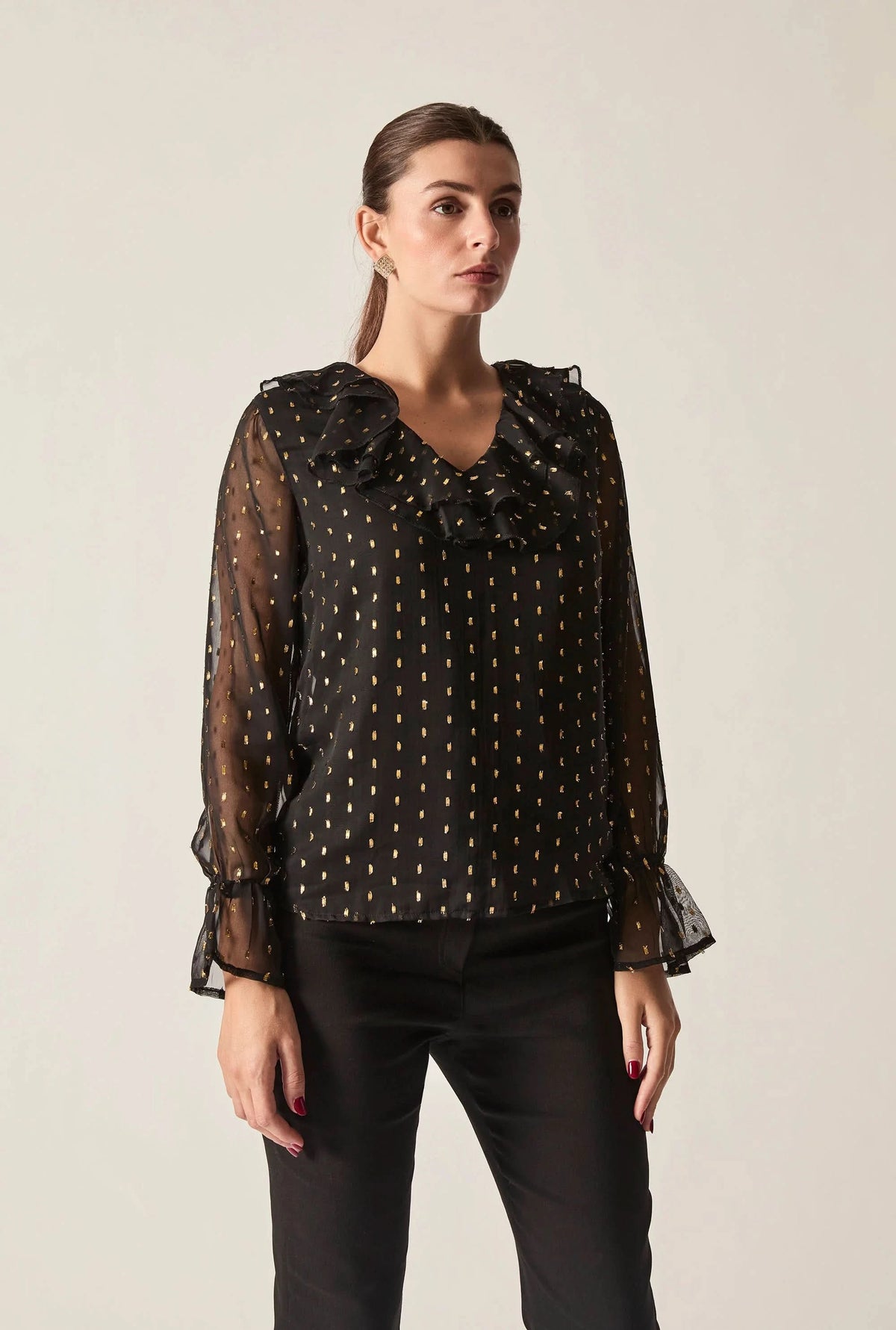 Black & Gold Metallic Ruffle Blouse