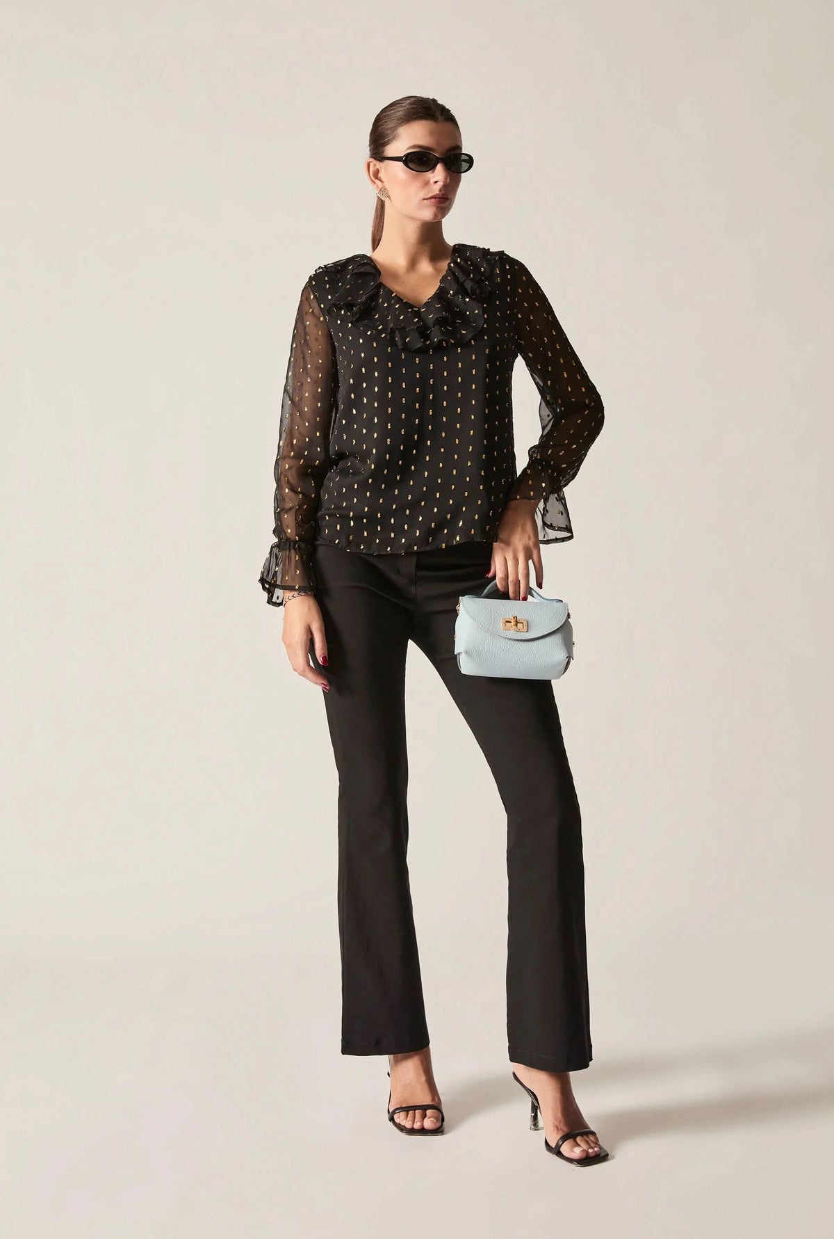 Black & Gold Metallic Ruffle Blouse