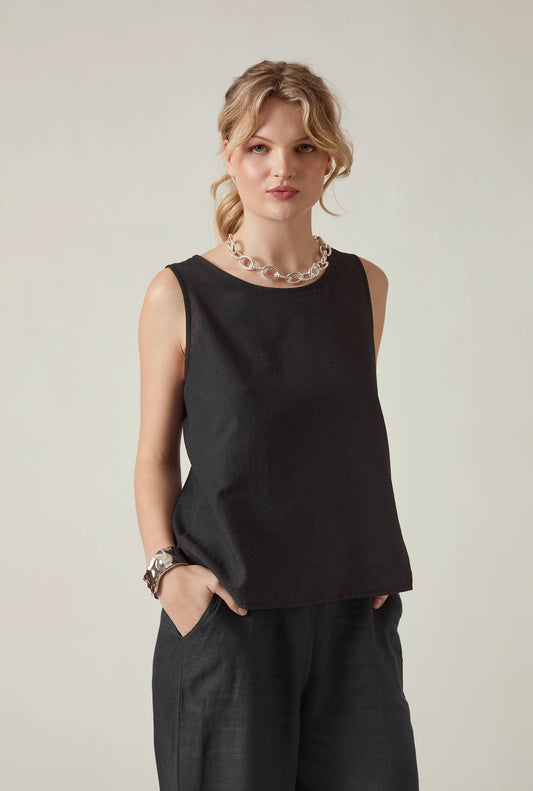 Black Linen Blend Sleeveless Button-Back Top