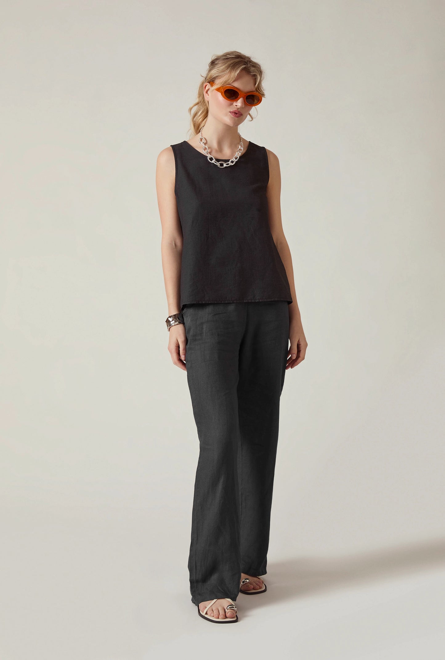 Black Linen Blend Sleeveless Button-Back Top