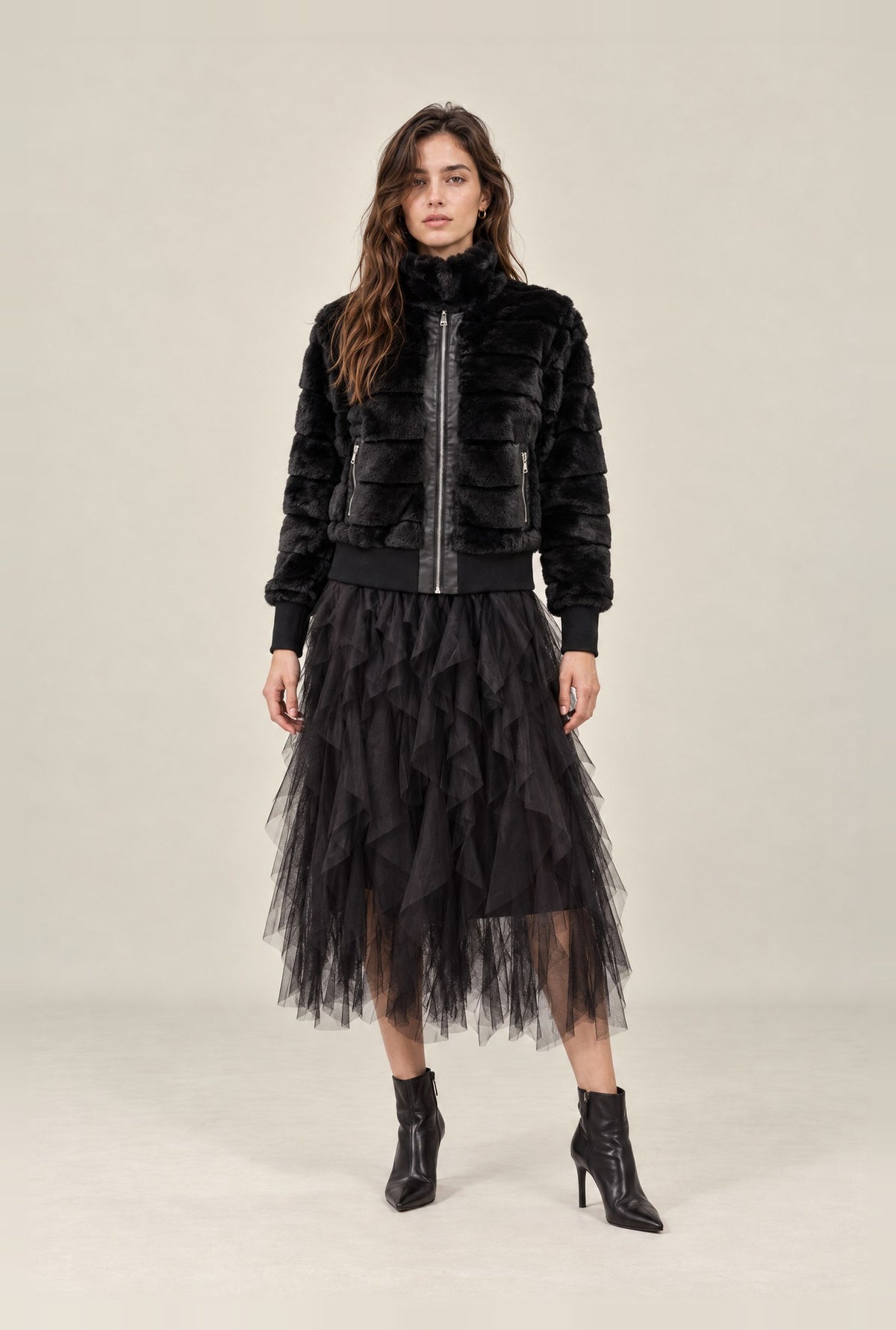 Black Panelled Faux Fur Jacket