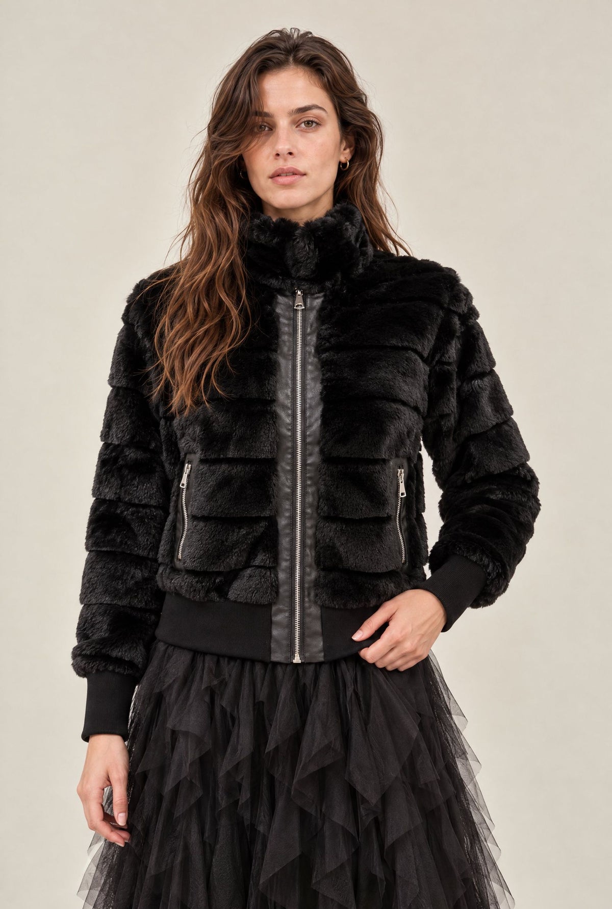 Black Panelled Faux Fur Jacket