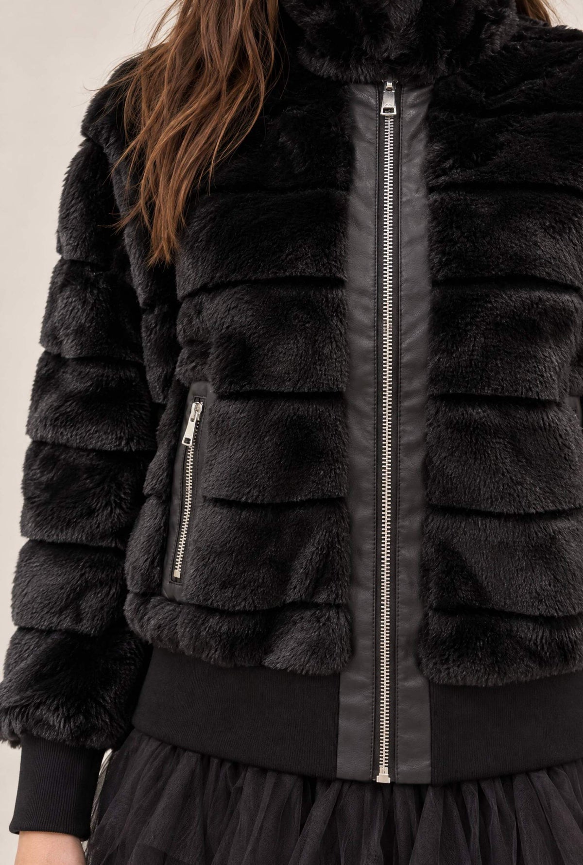 Black Panelled Faux Fur Jacket