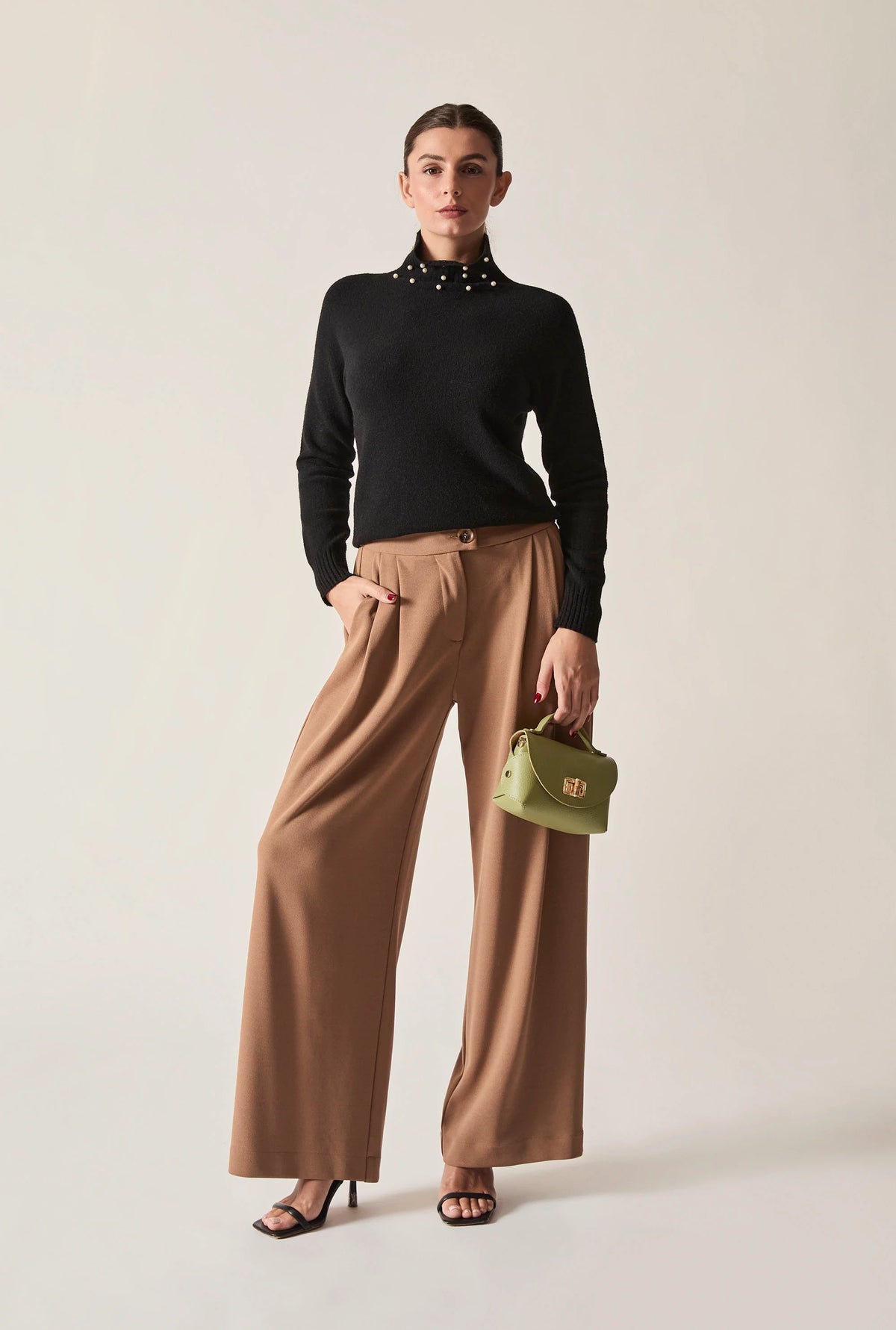Black Pearl-Embellished High-Neck Jumper