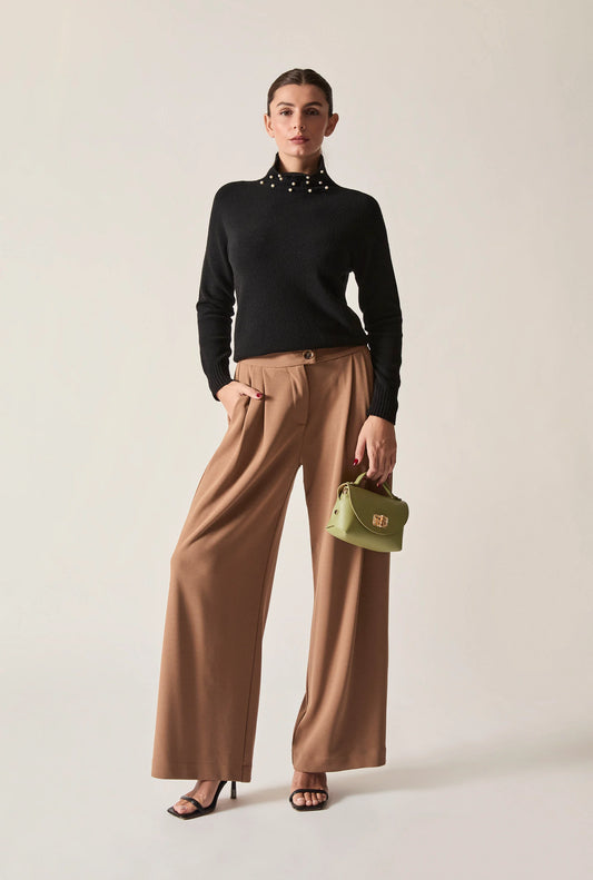 Black Pearl-Embellished High-Neck Jumper