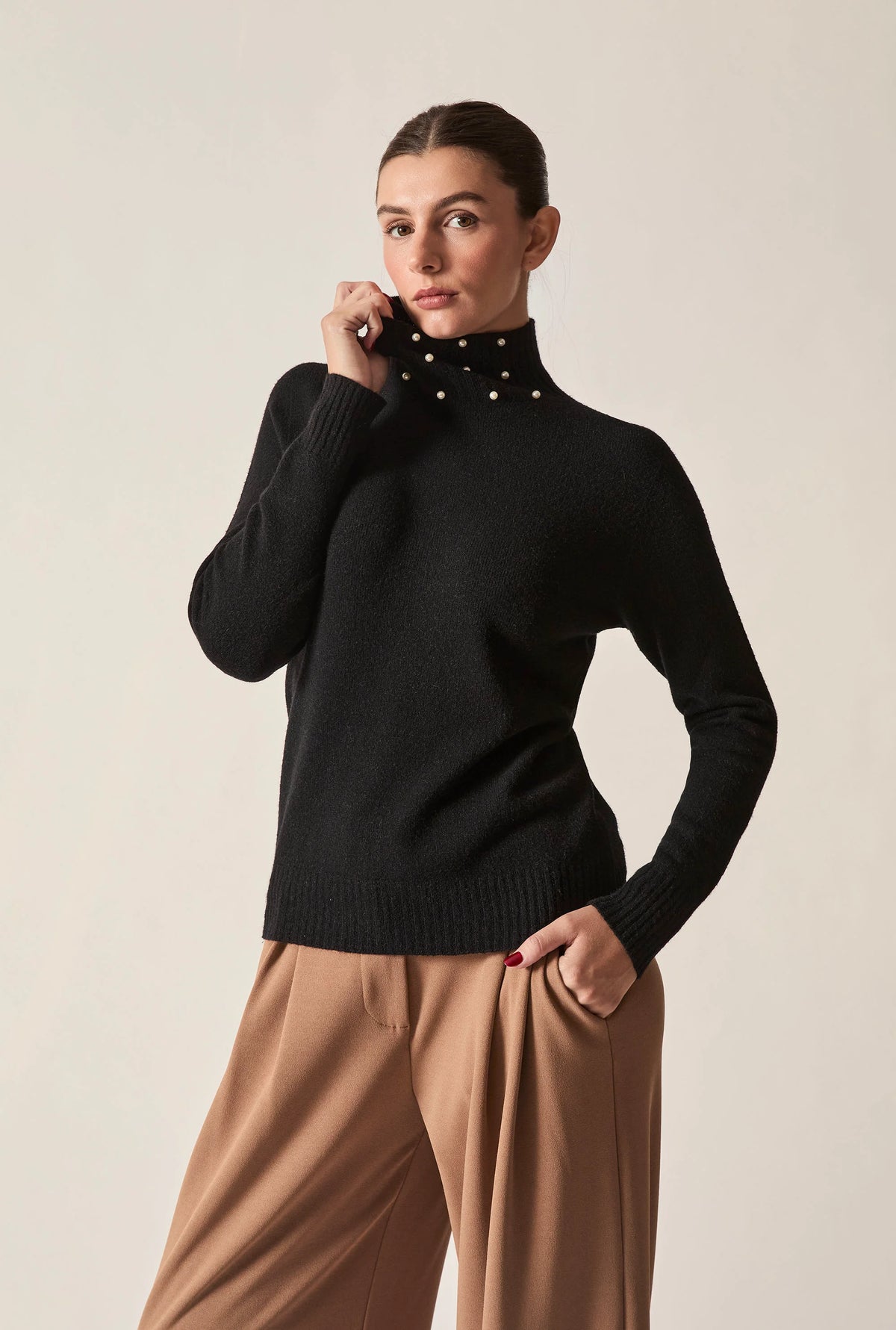 Black Pearl-Embellished High-Neck Jumper