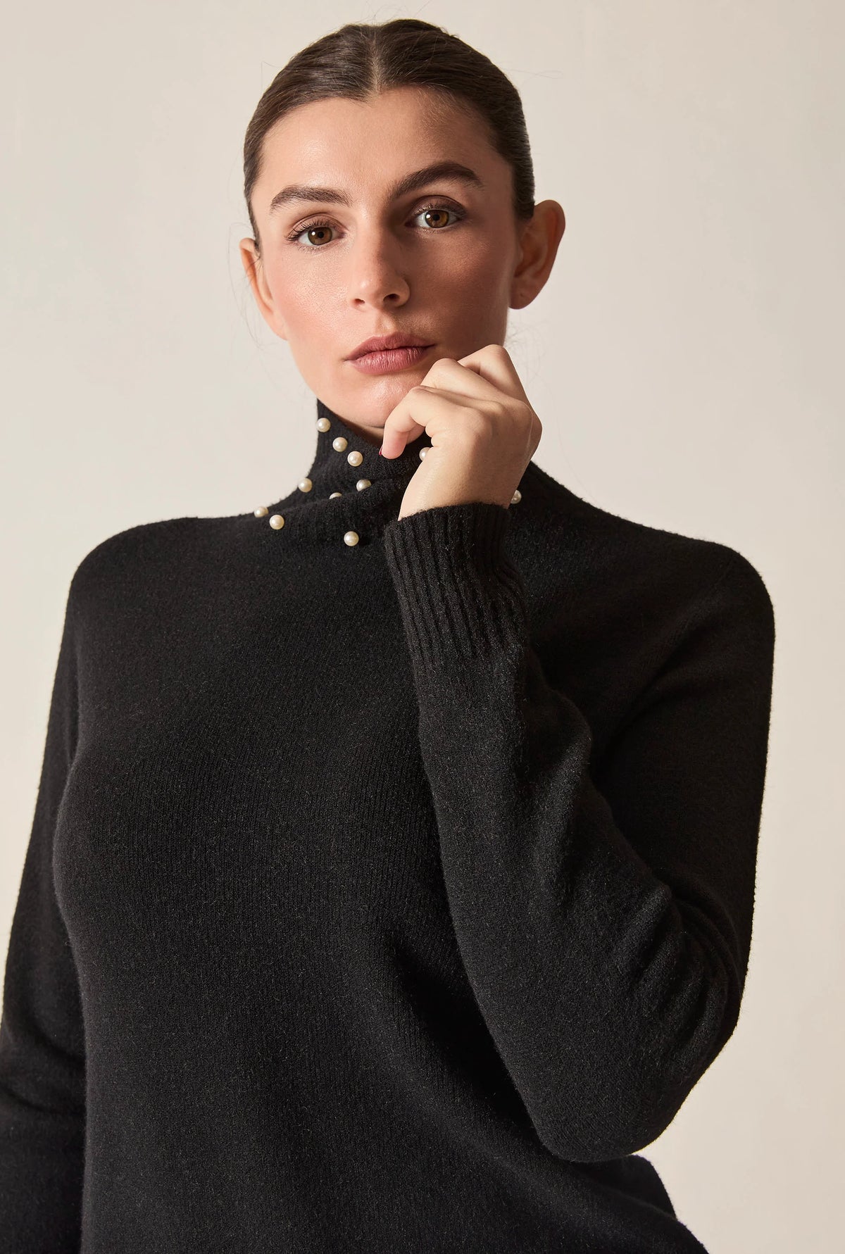 Black Pearl-Embellished High-Neck Jumper